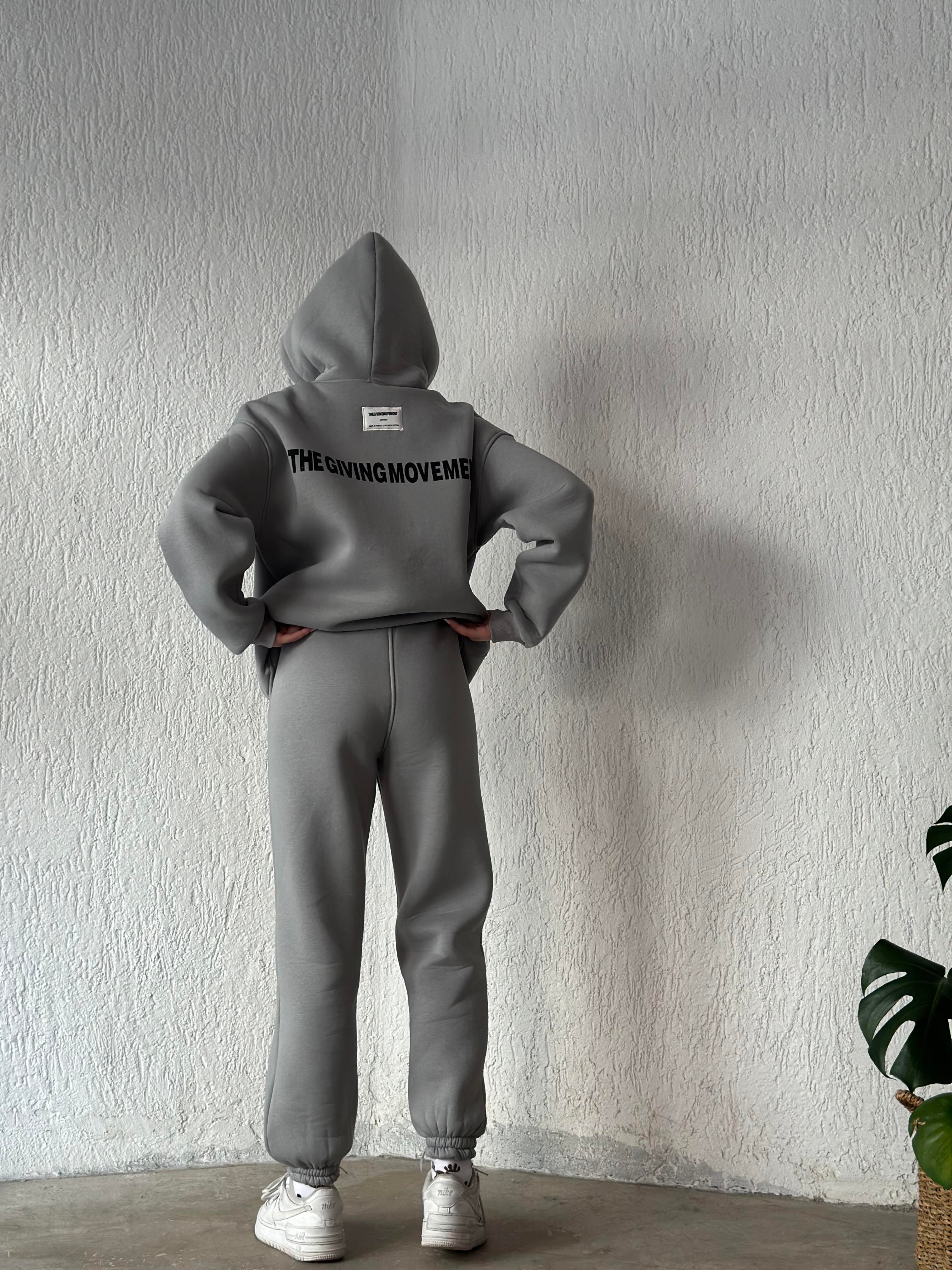 Etiket Detay Oversize Eşofman Takımı - Uzay Grii - Dominatrend