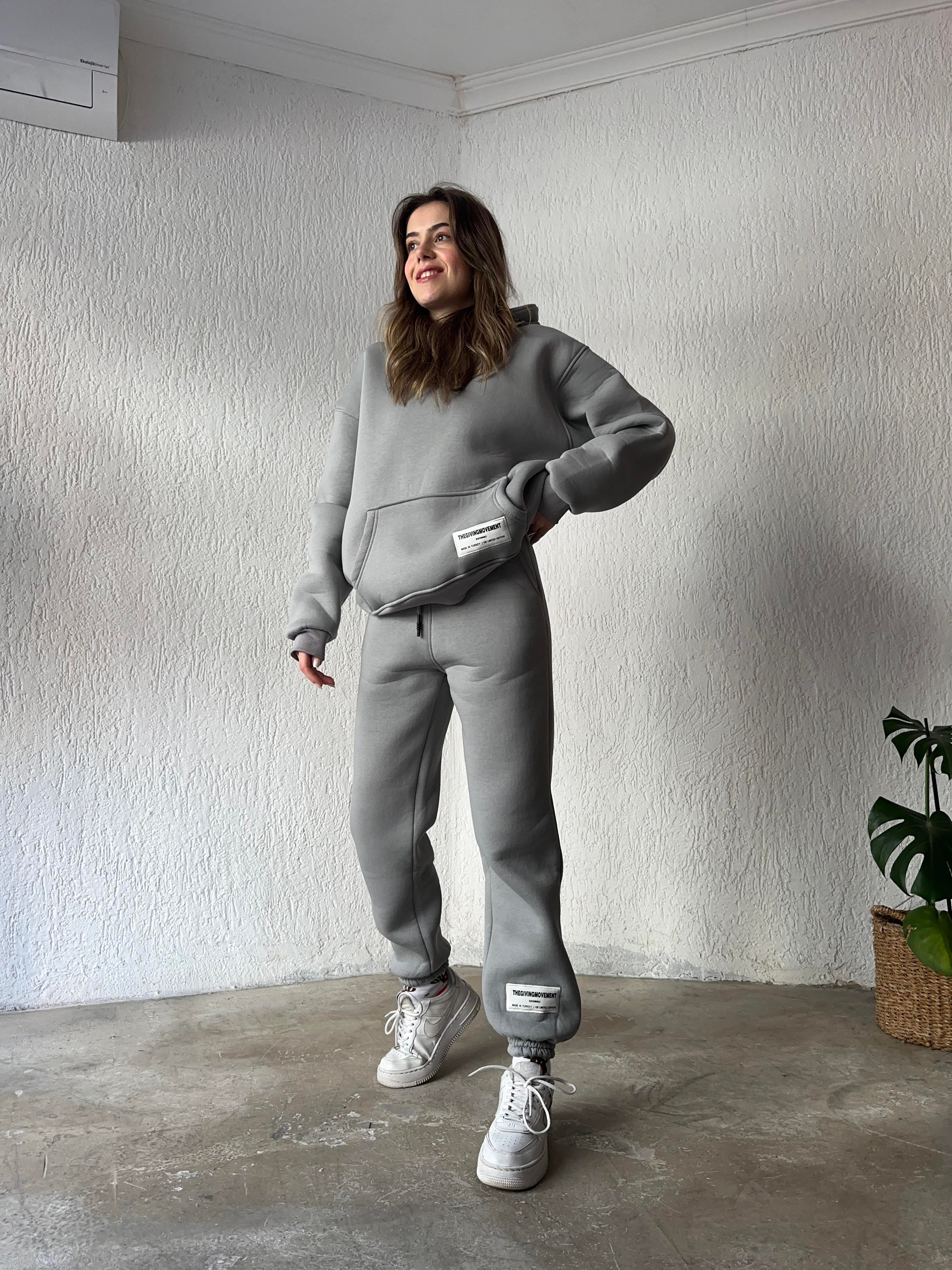 Etiket Detay Oversize Eşofman Takımı - Uzay Grii - Dominatrend