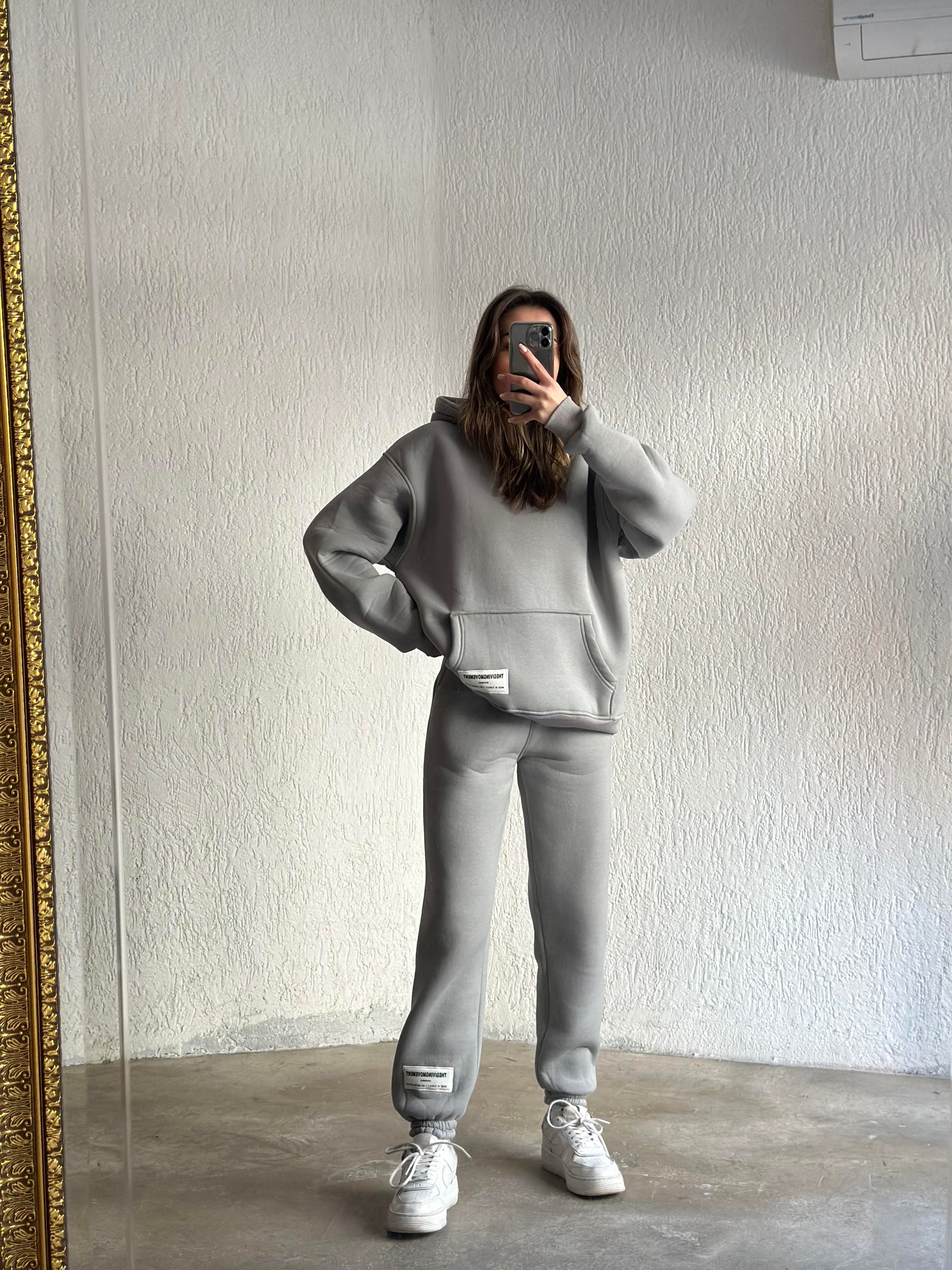 Etiket Detay Oversize Eşofman Takımı - Uzay Grii - Dominatrend