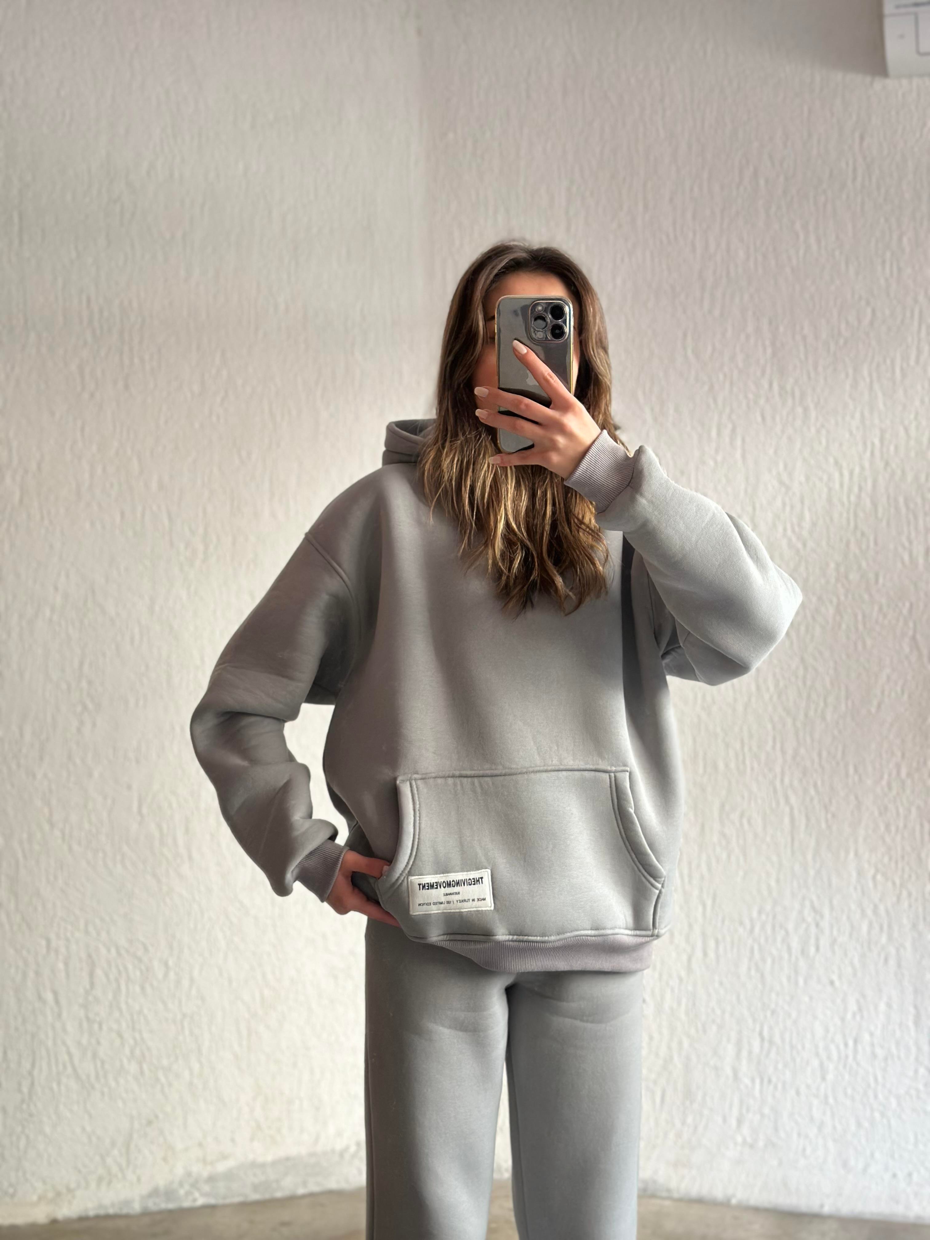 Etiket Detay Oversize Eşofman Takımı - Uzay Grii - Dominatrend