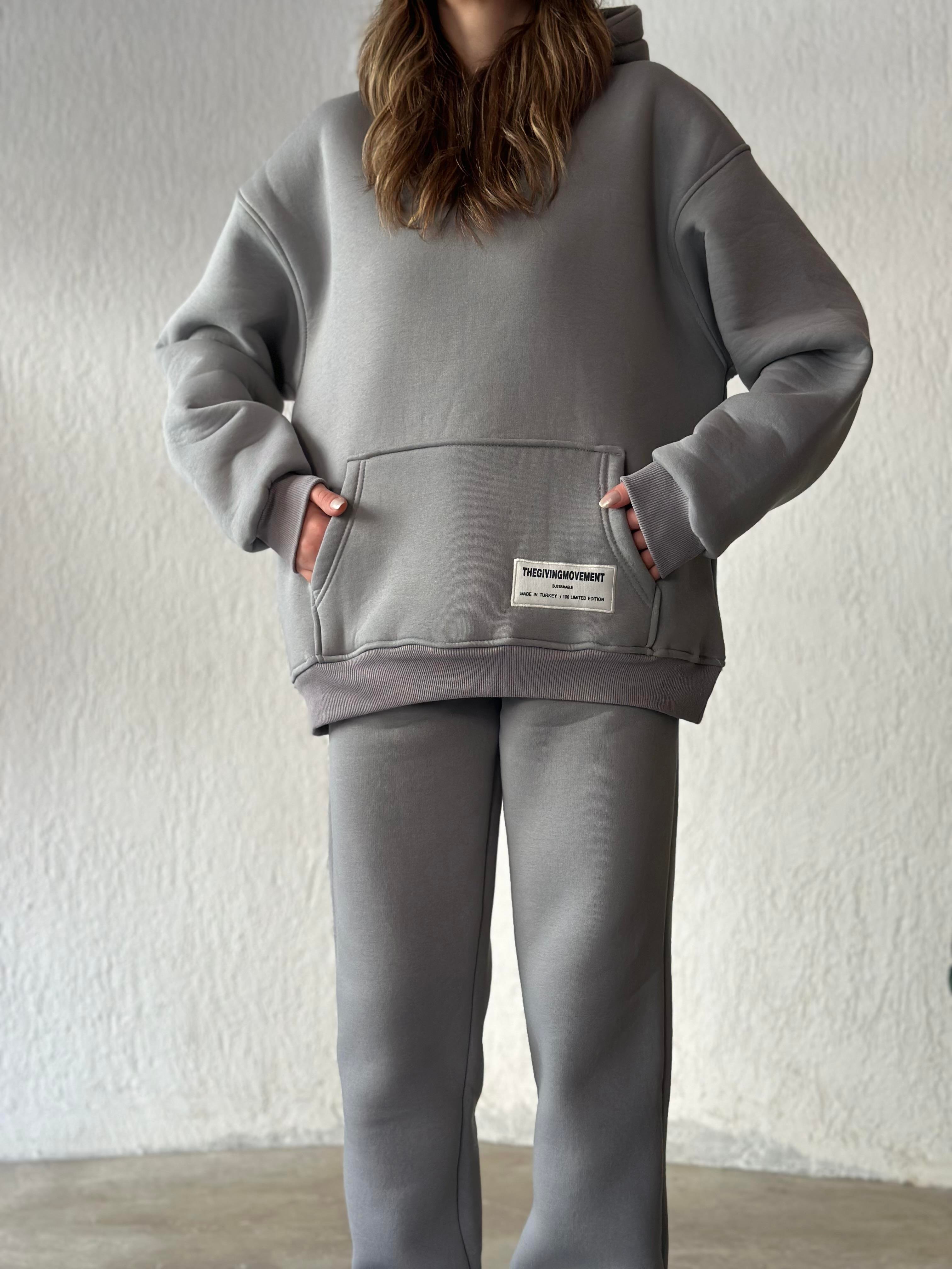 Etiket Detay Oversize Eşofman Takımı - Uzay Grii - Dominatrend