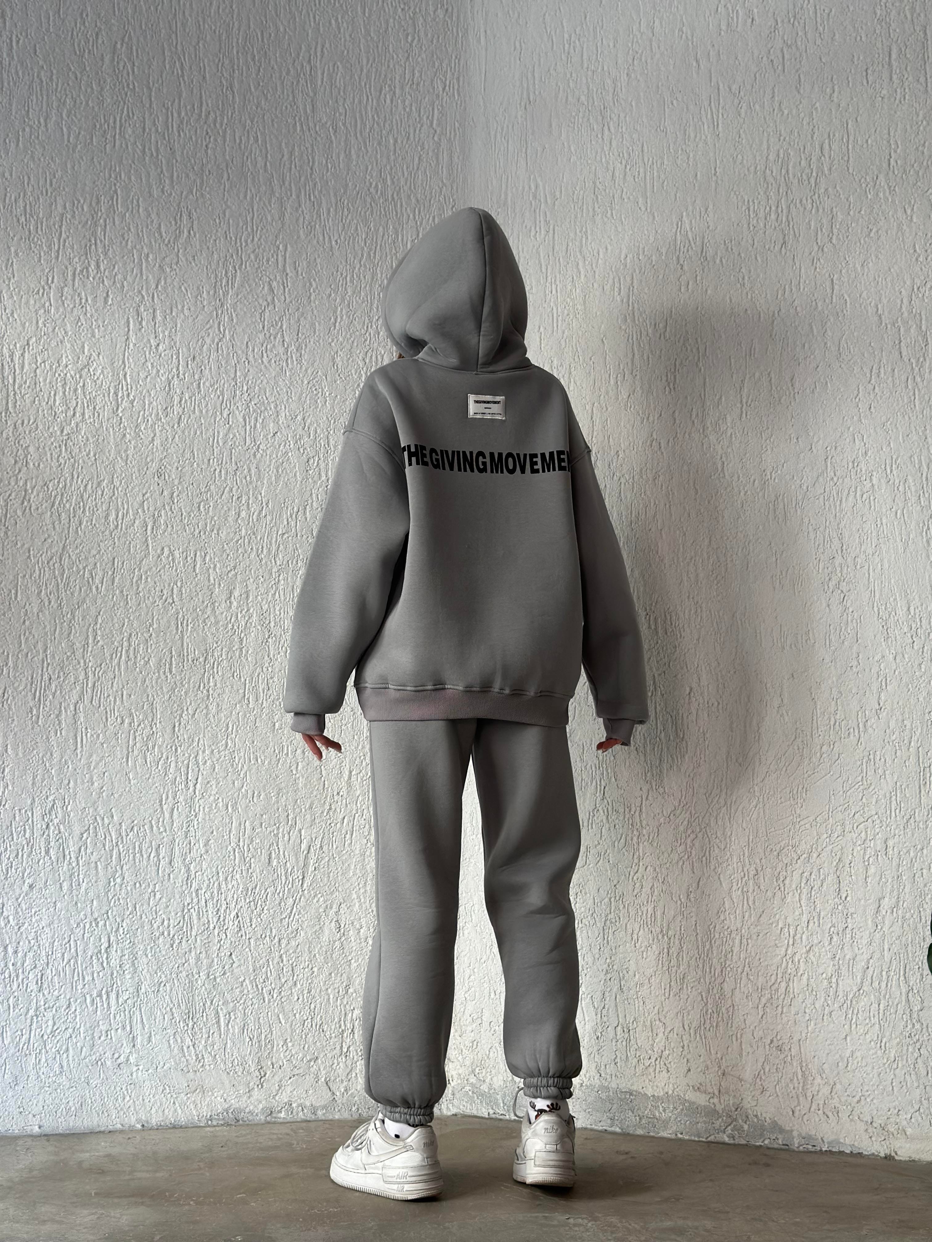 Etiket Detay Oversize Eşofman Takımı - Uzay Grii - Dominatrend