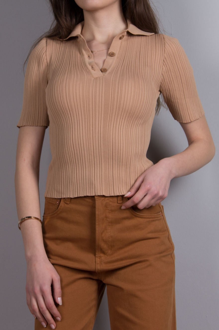 Fitilli Triko Kısa Kollu Top - Camel - Dominatrend