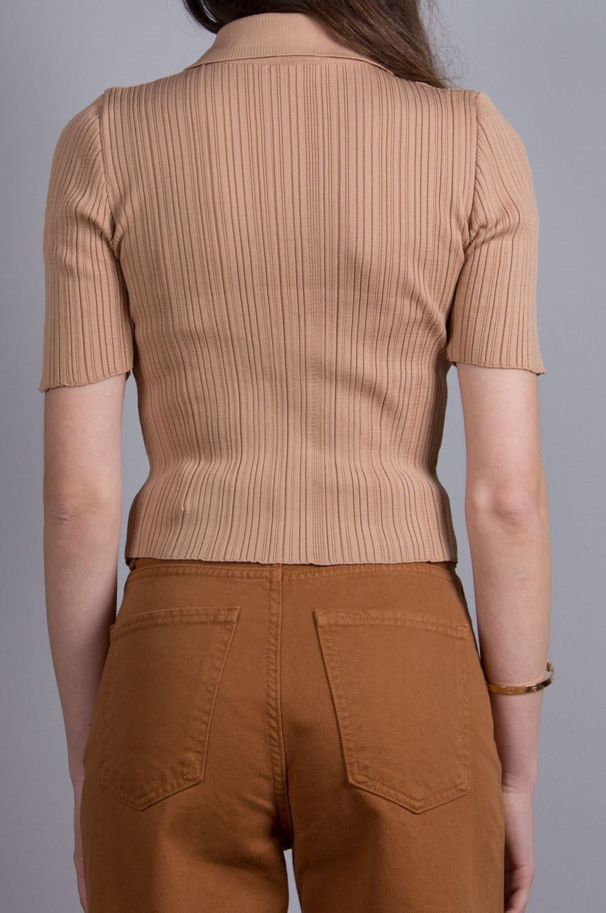 Fitilli Triko Kısa Kollu Top - Camel - Dominatrend