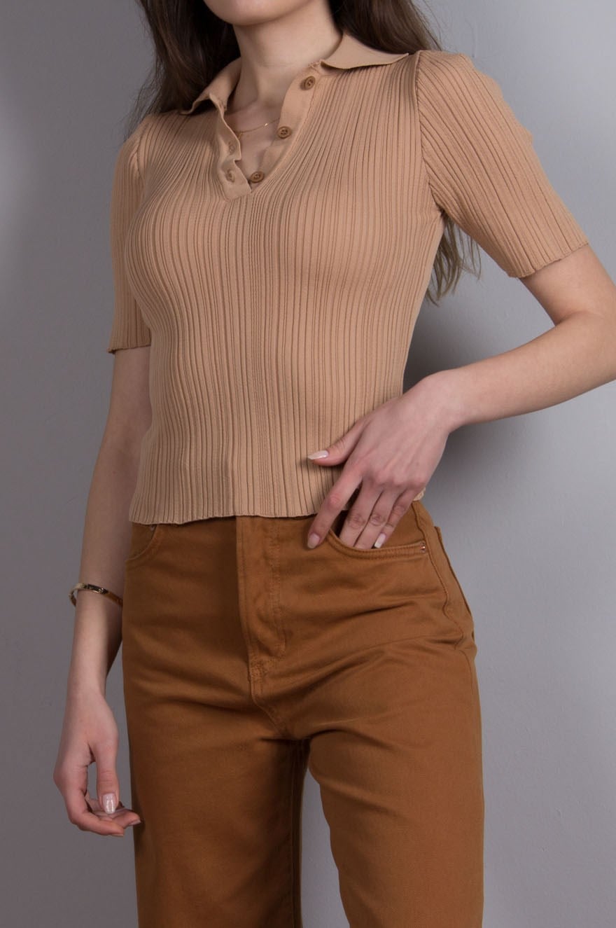 Fitilli Triko Kısa Kollu Top - Camel - Dominatrend