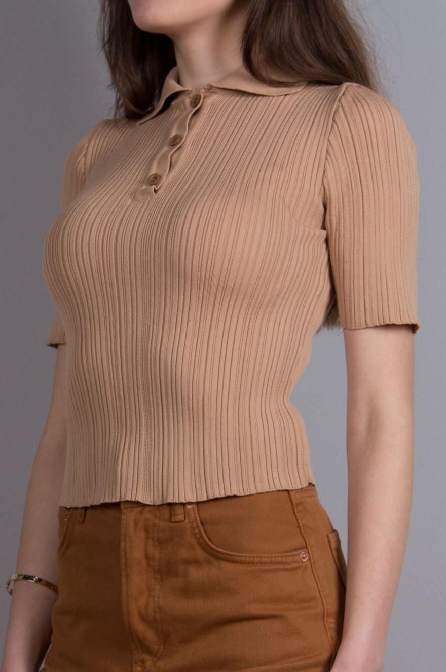 Fitilli Triko Kısa Kollu Top - Camel - Dominatrend
