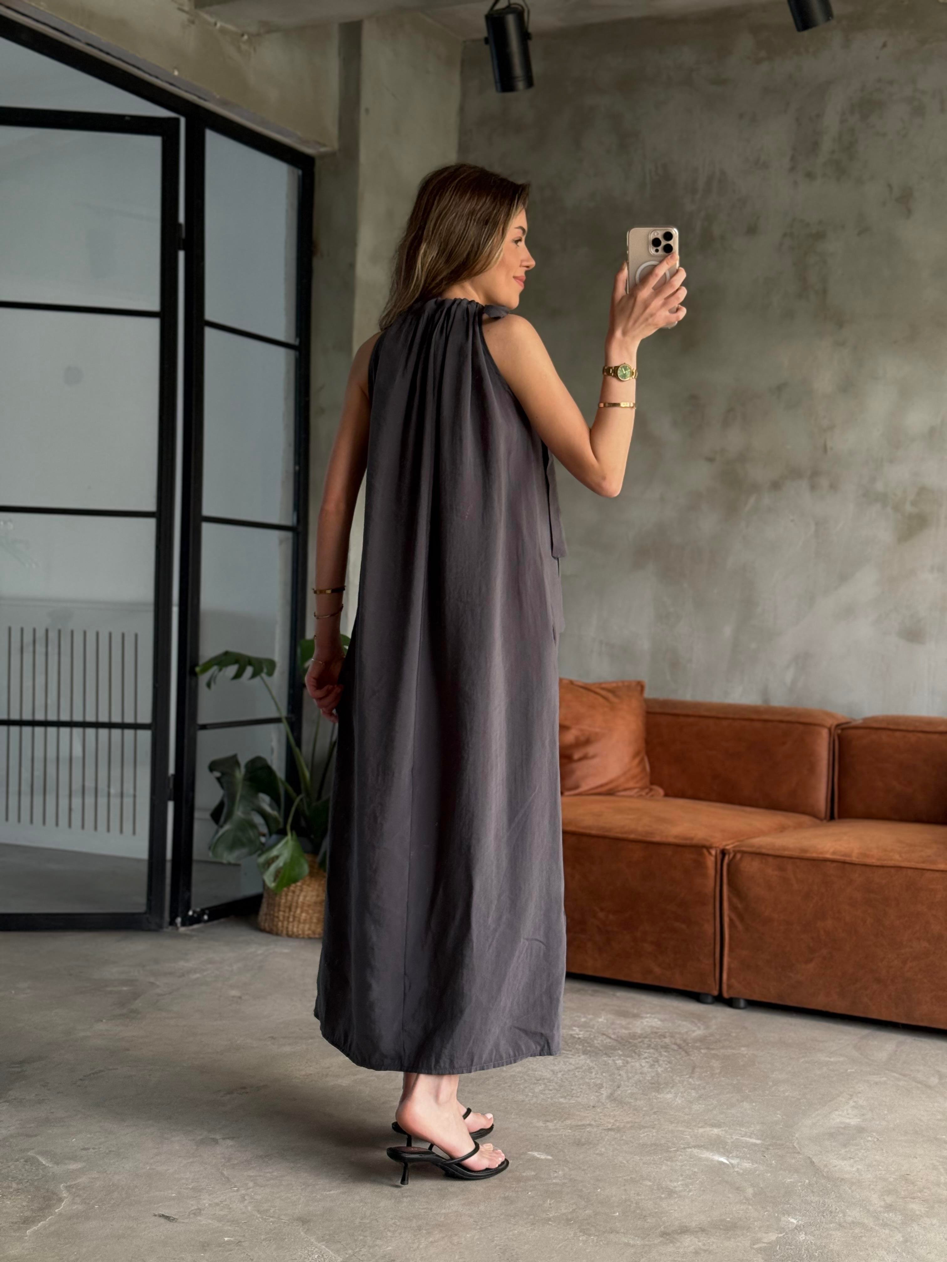 Füme Tencel Cepli Boyundan Büzgülü Maxi Elbise - Dominatrend
