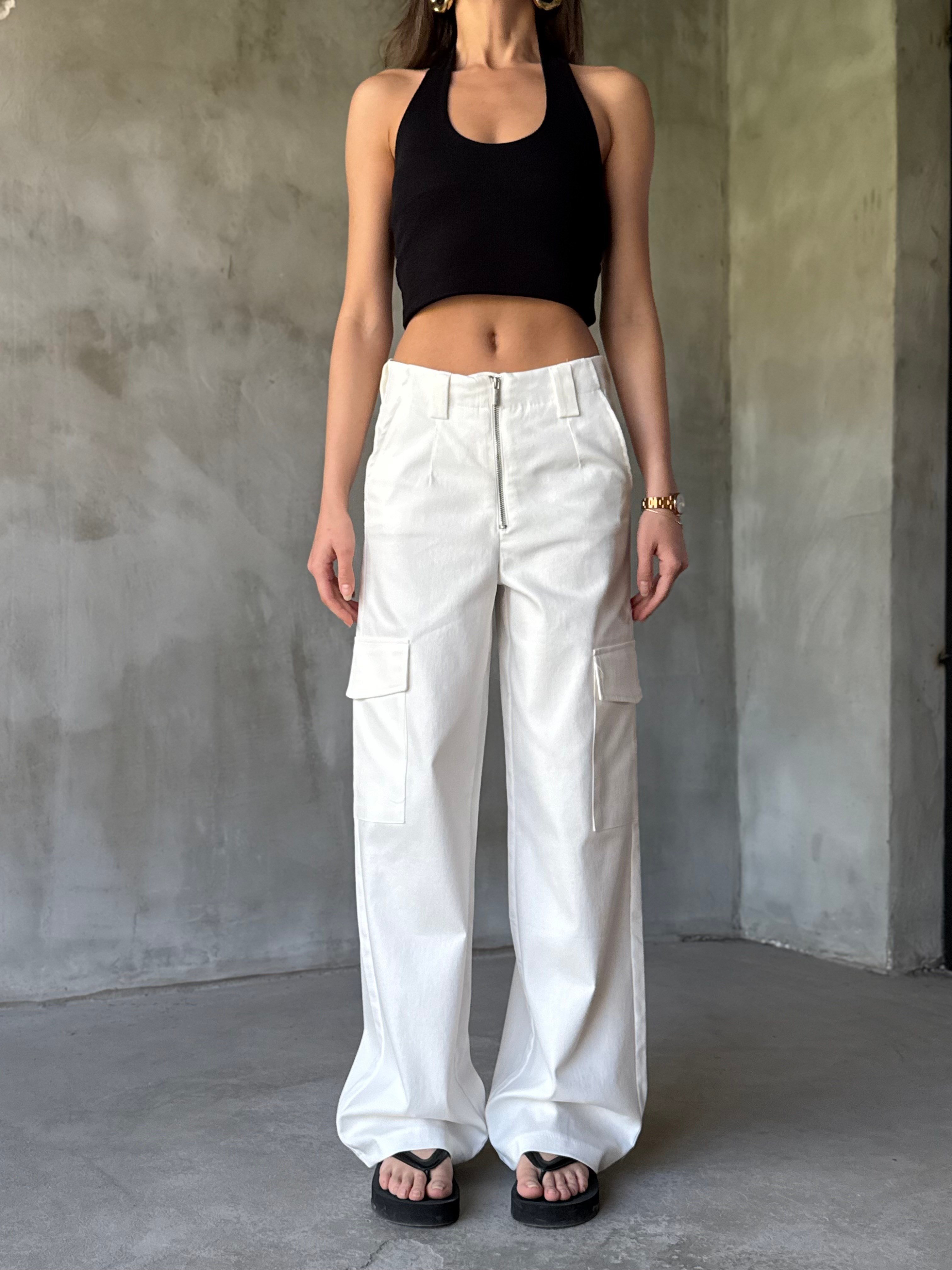 Gabardin Kargo Cepli Kırık Beyaz Pantolon - Dominatrend