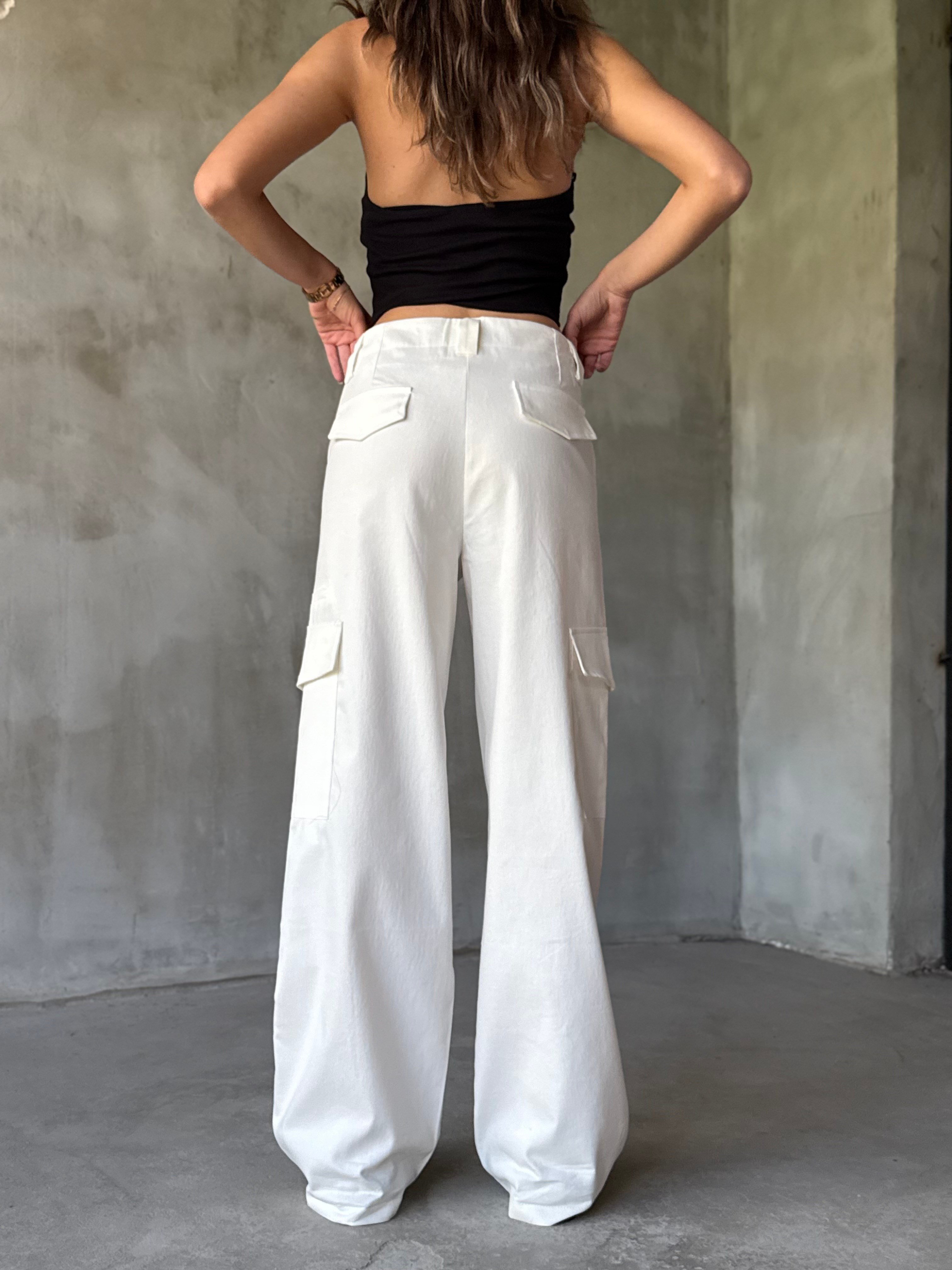 Gabardin Kargo Cepli Kırık Beyaz Pantolon - Dominatrend