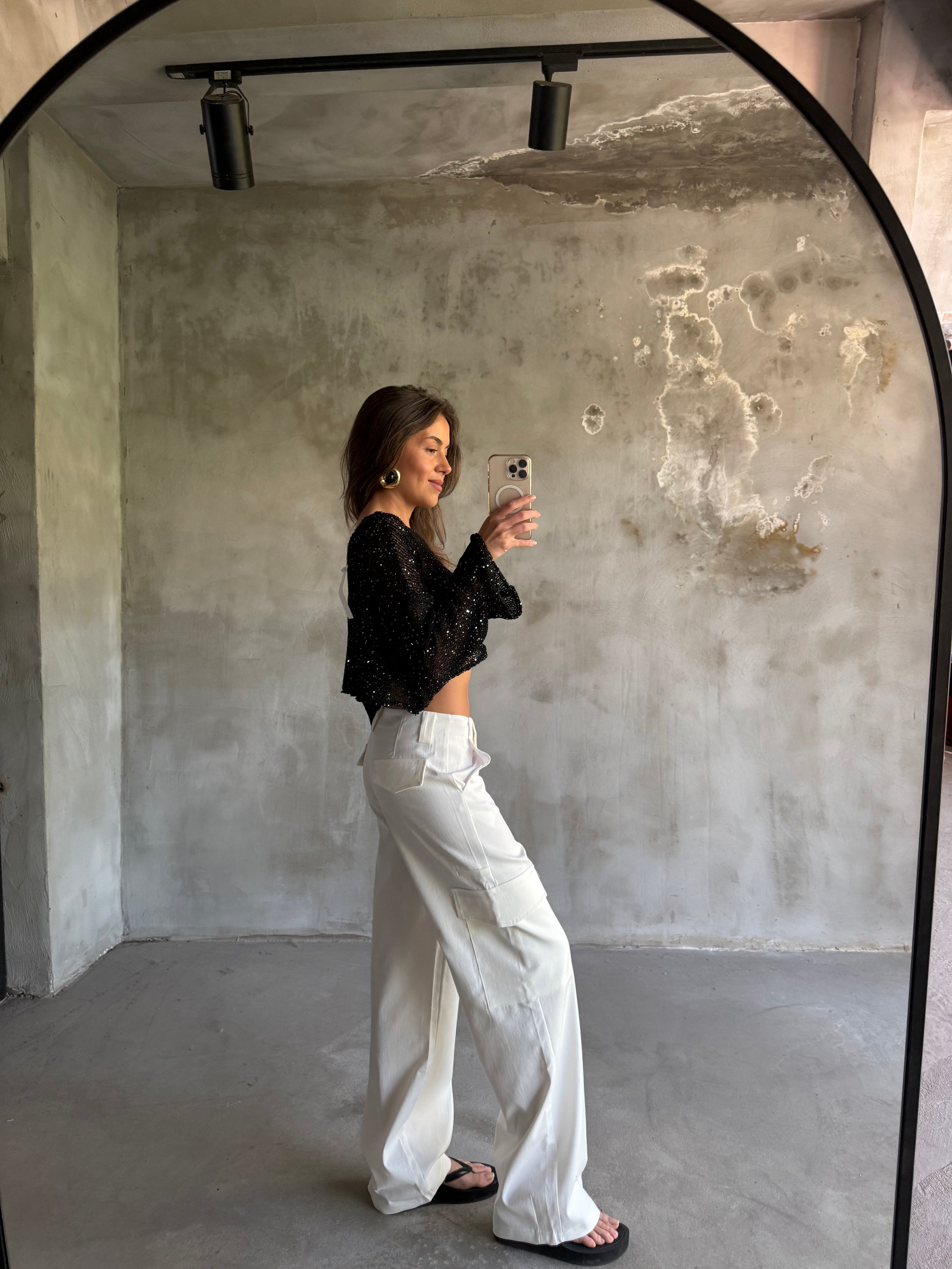 Gabardin Kargo Cepli Kırık Beyaz Pantolon - Dominatrend