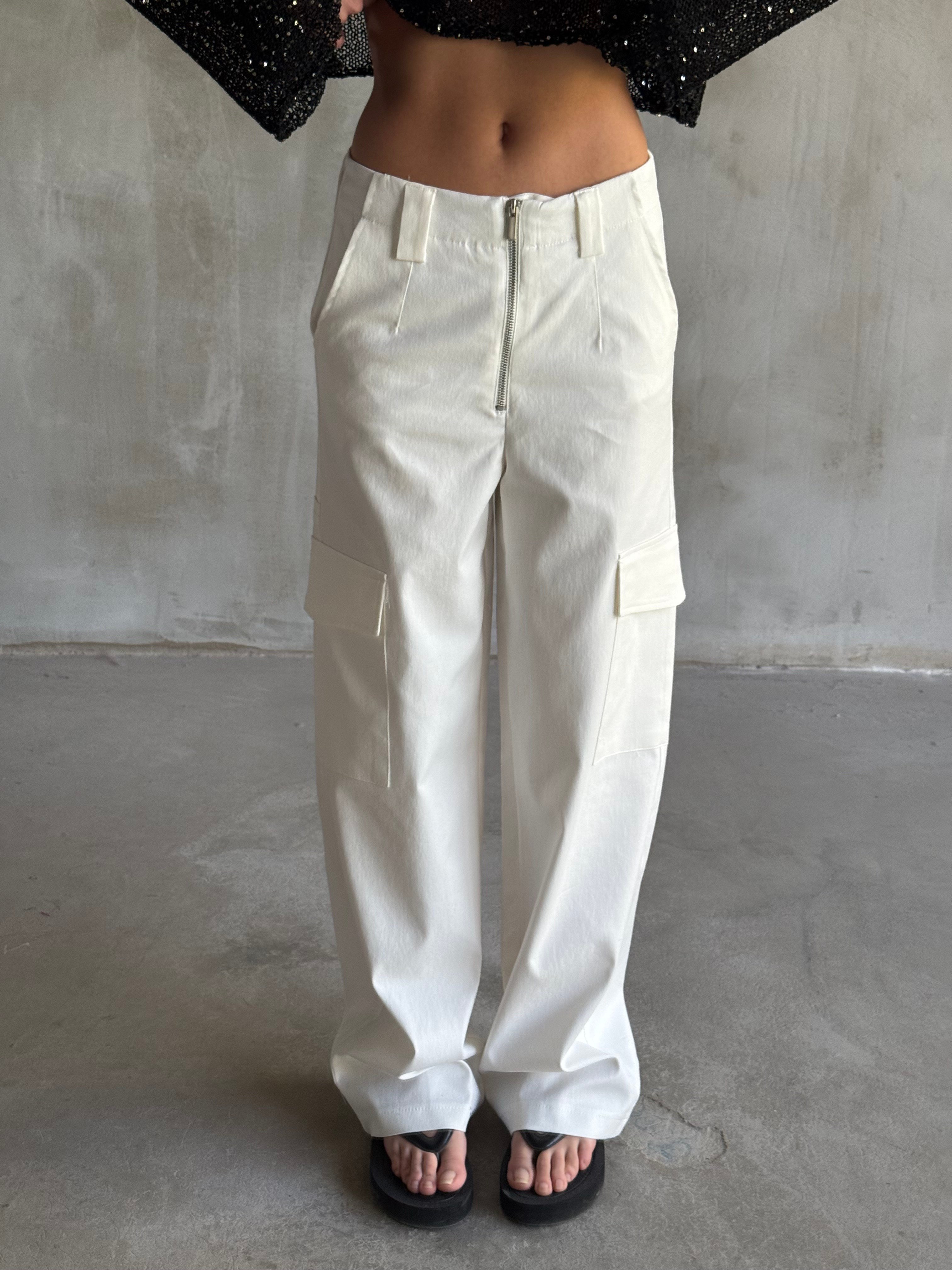 Gabardin Kargo Cepli Kırık Beyaz Pantolon - Dominatrend