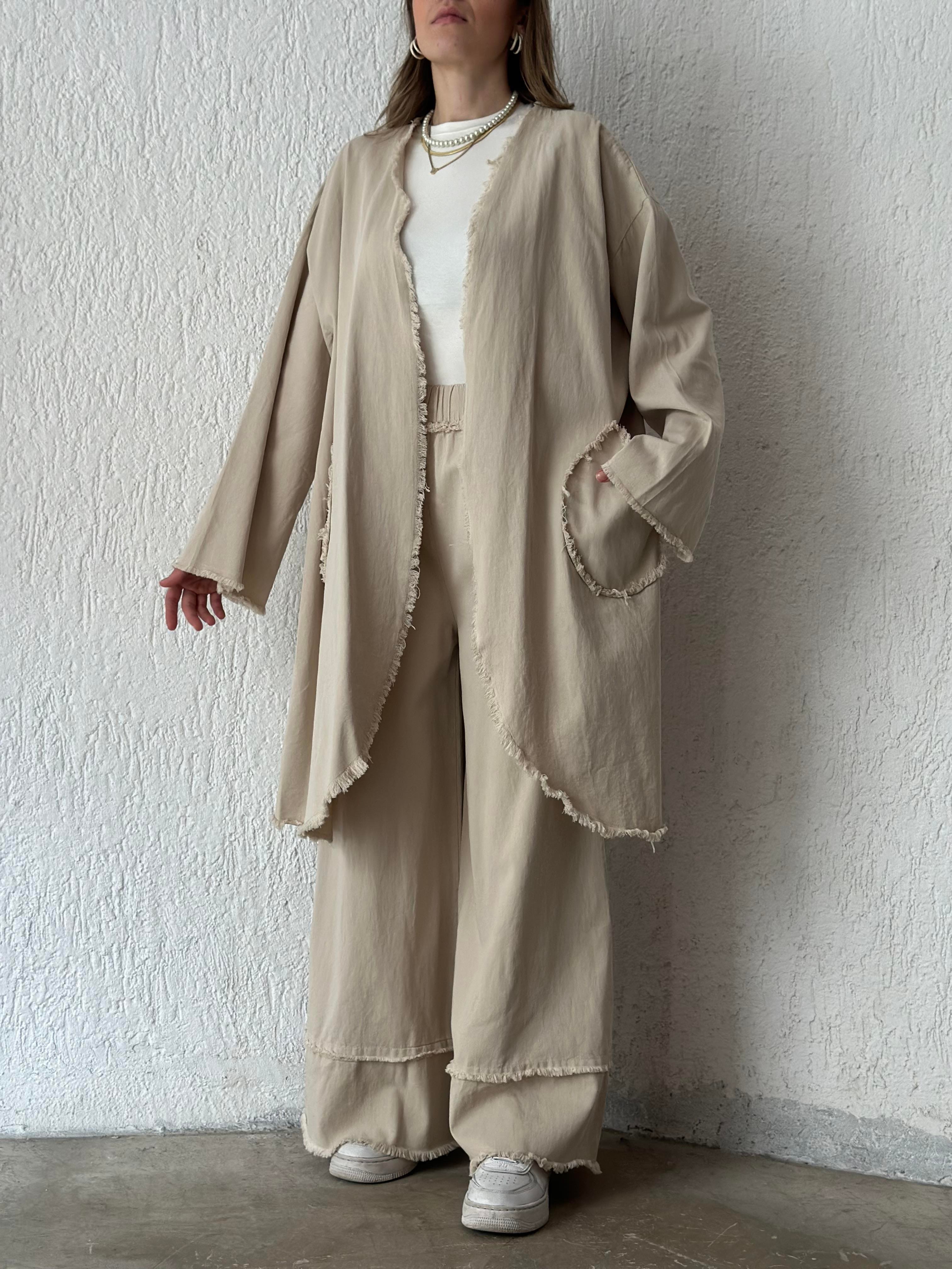 Gabardin Kimono Pantolon İkili Takım - Bej - Dominatrend