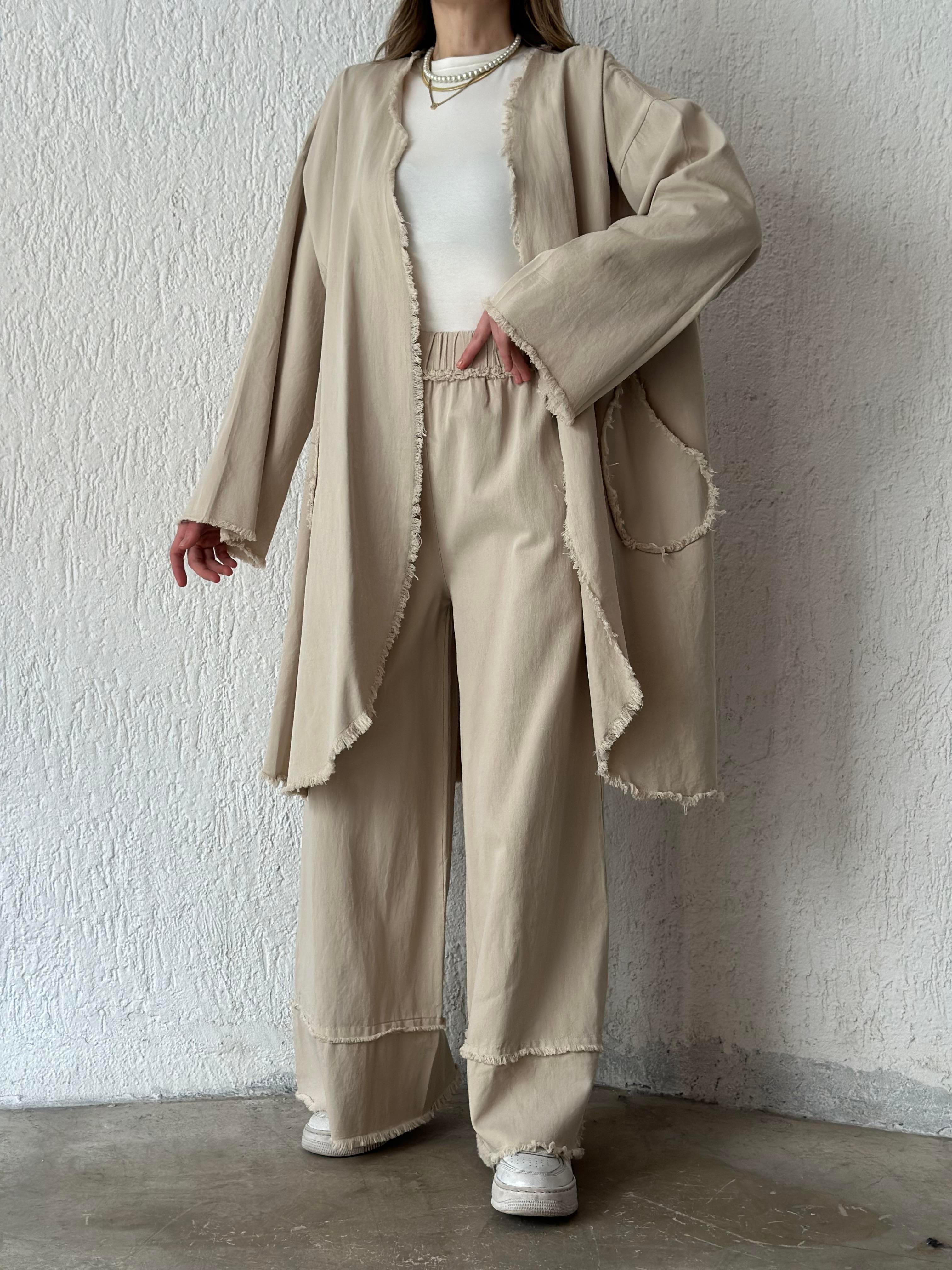Gabardin Kimono Pantolon İkili Takım - Bej - Dominatrend