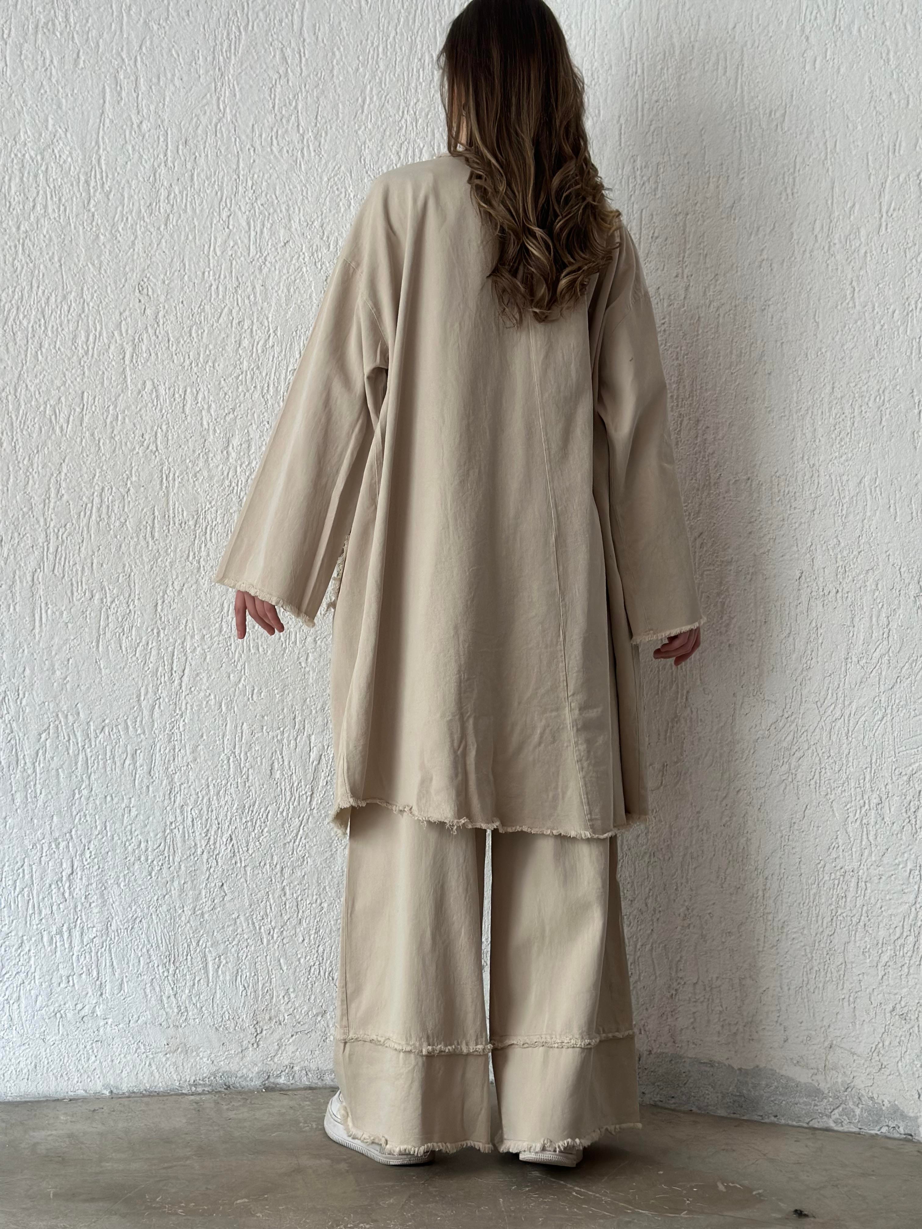 Gabardin Kimono Pantolon İkili Takım - Bej - Dominatrend