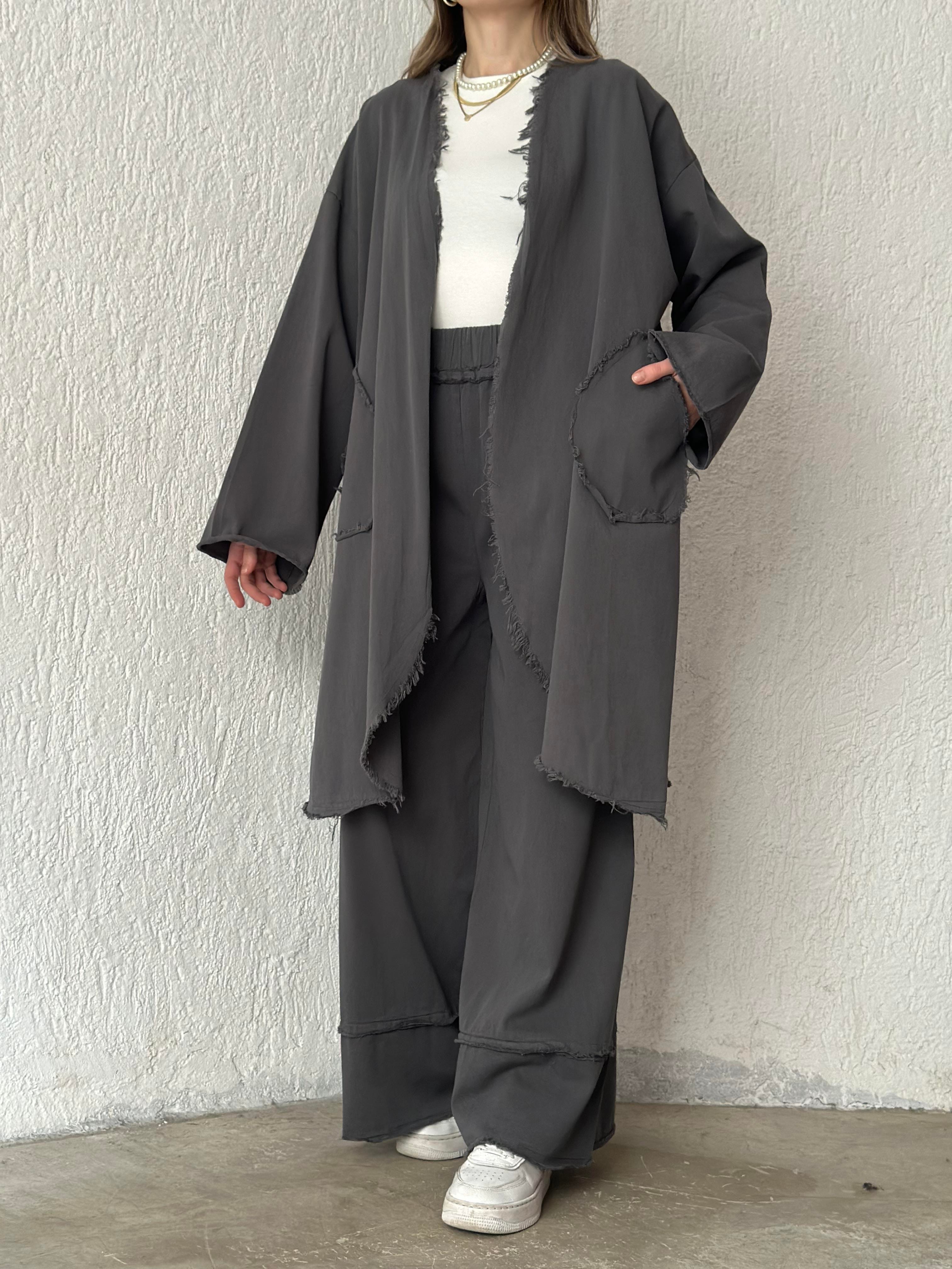 Gabardin Kimono Pantolon İkili Takım - Füme - Dominatrend