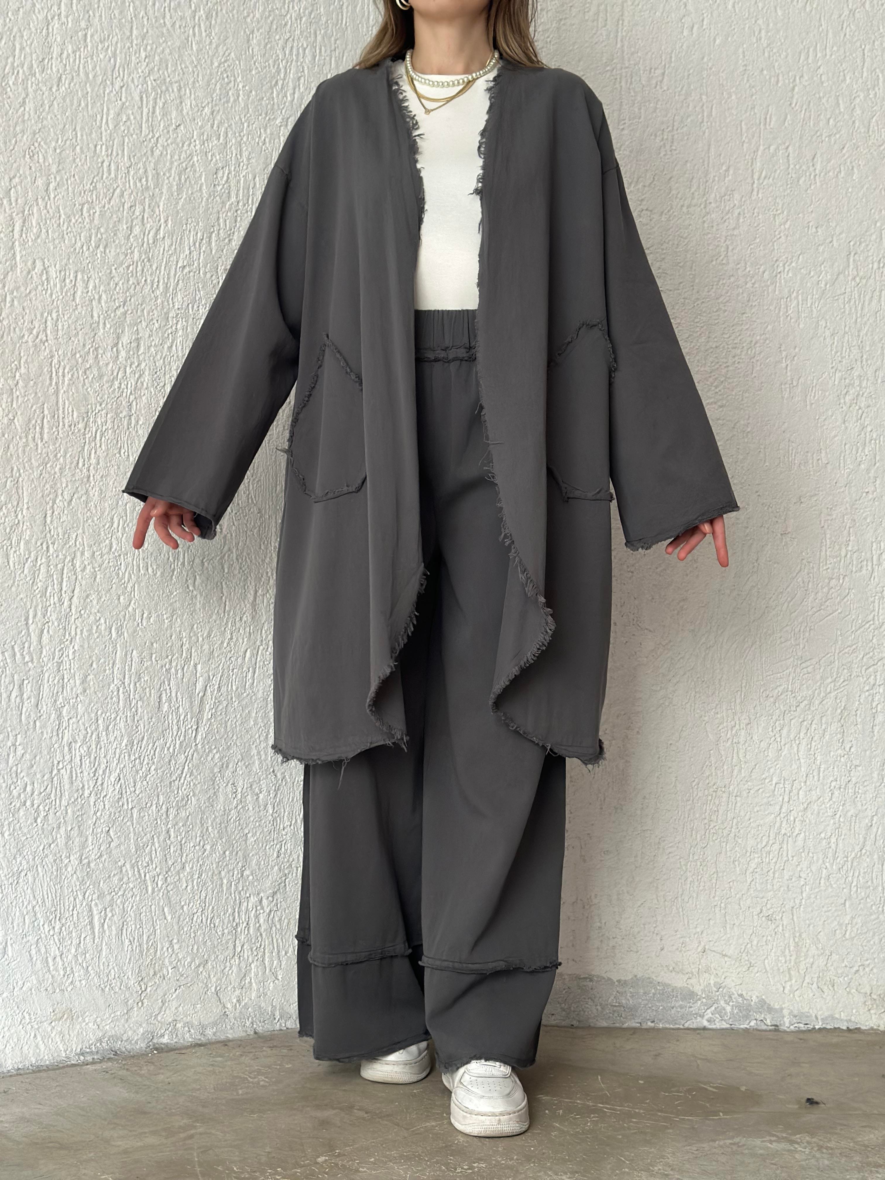 Gabardin Kimono Pantolon İkili Takım - Füme - Dominatrend