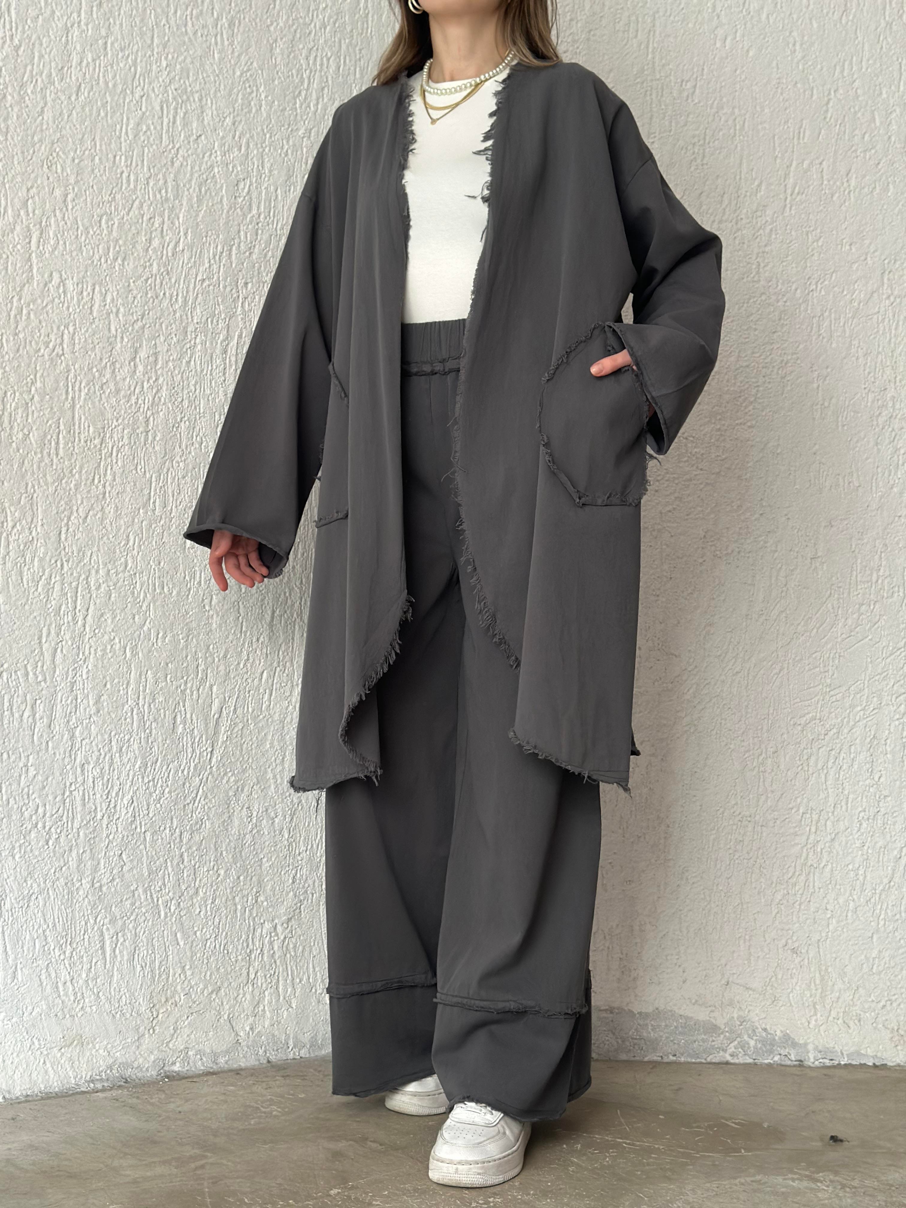 Gabardin Kimono Pantolon İkili Takım - Füme - Dominatrend