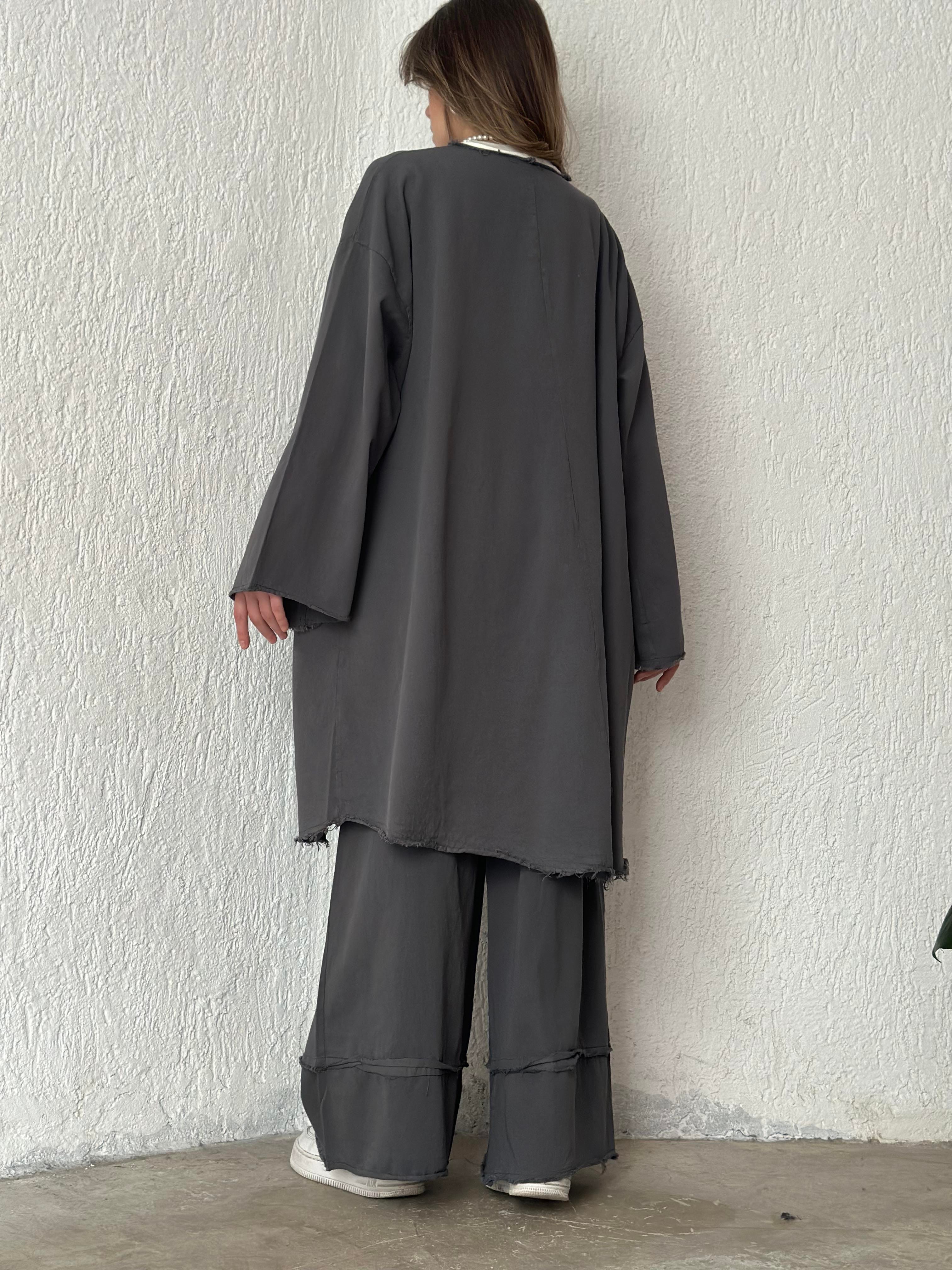 Gabardin Kimono Pantolon İkili Takım - Füme - Dominatrend