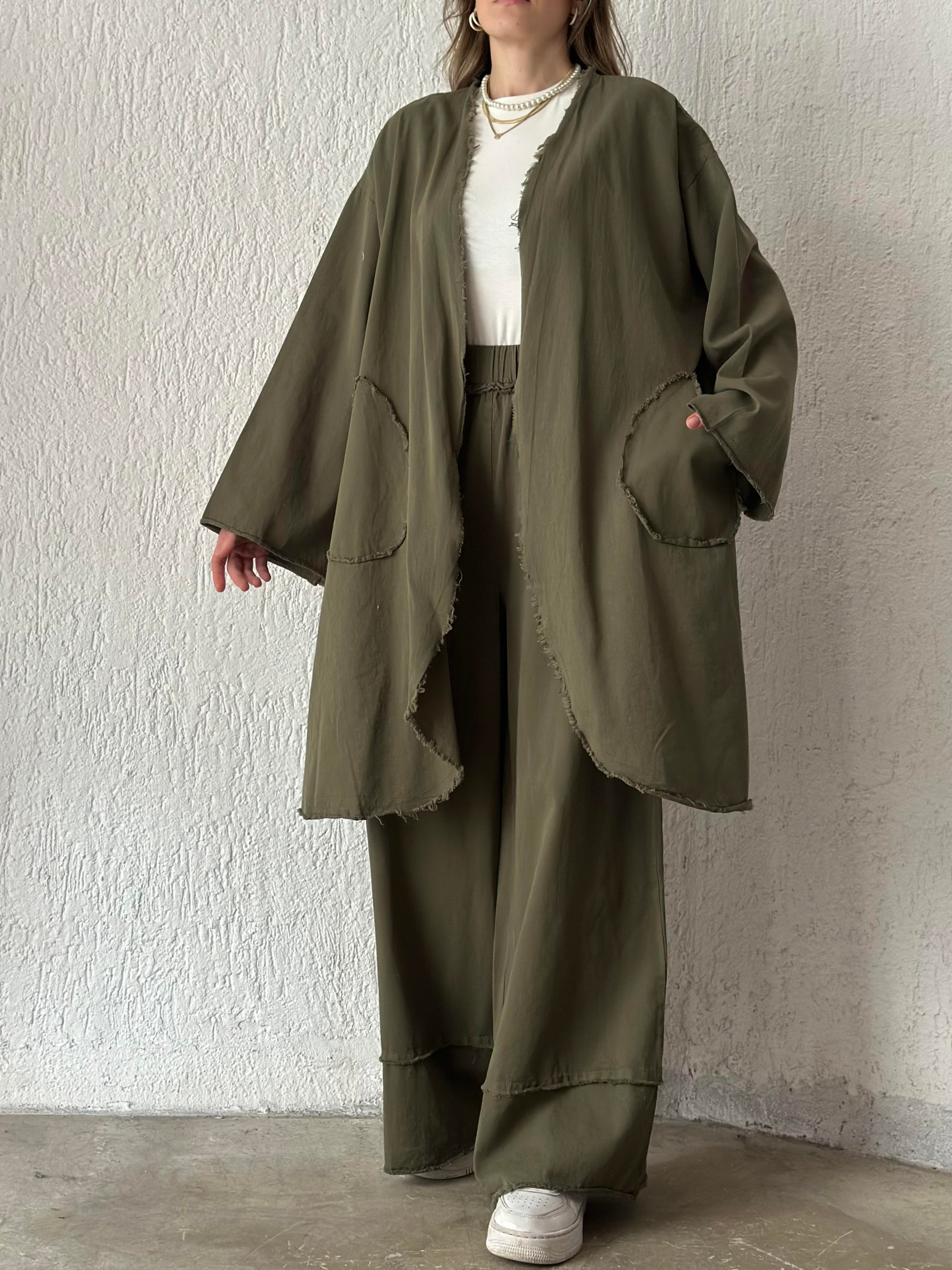 Gabardin Kimono Pantolon İkili Takım - Haki - Dominatrend
