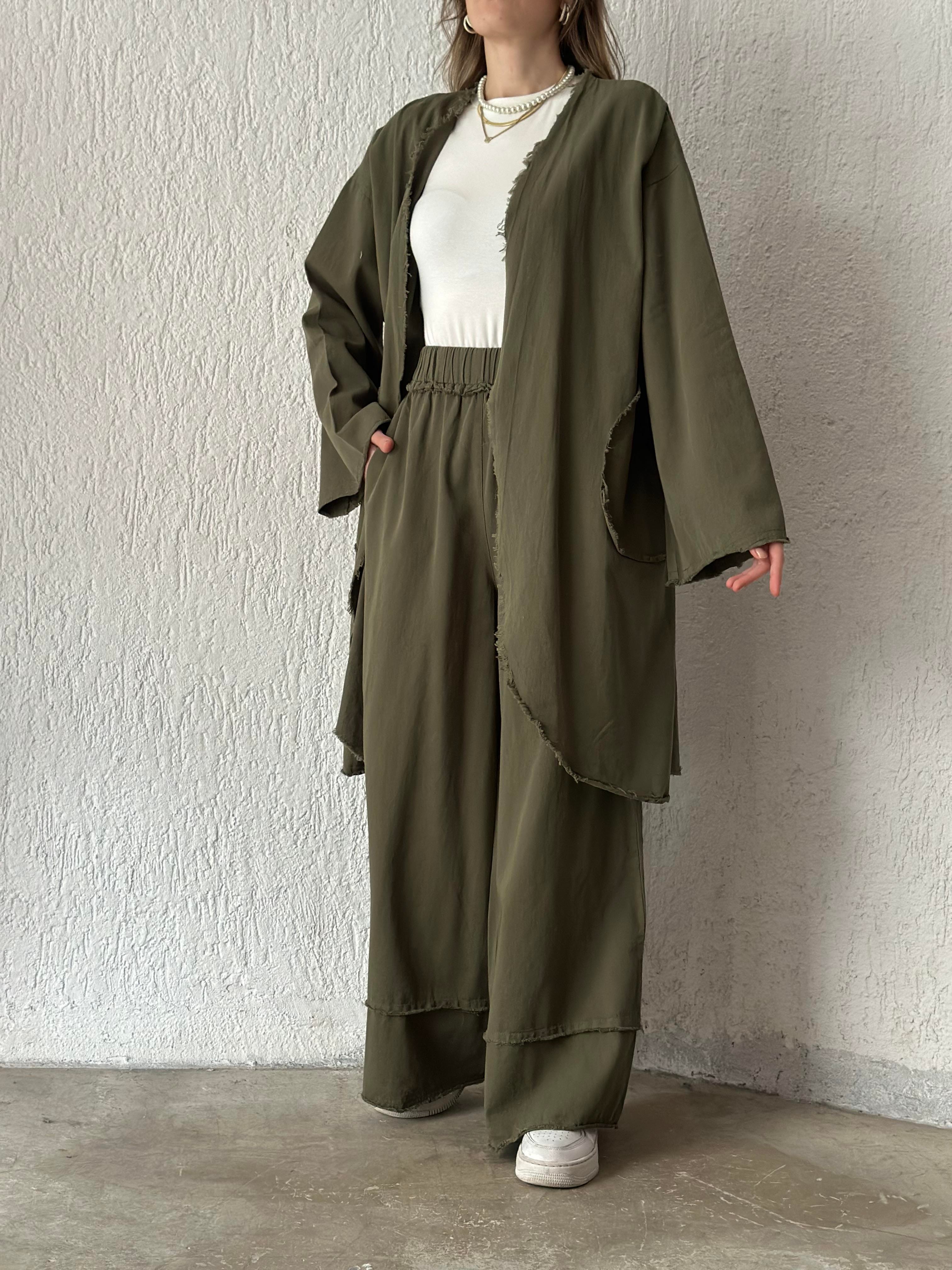 Gabardin Kimono Pantolon İkili Takım - Haki - Dominatrend