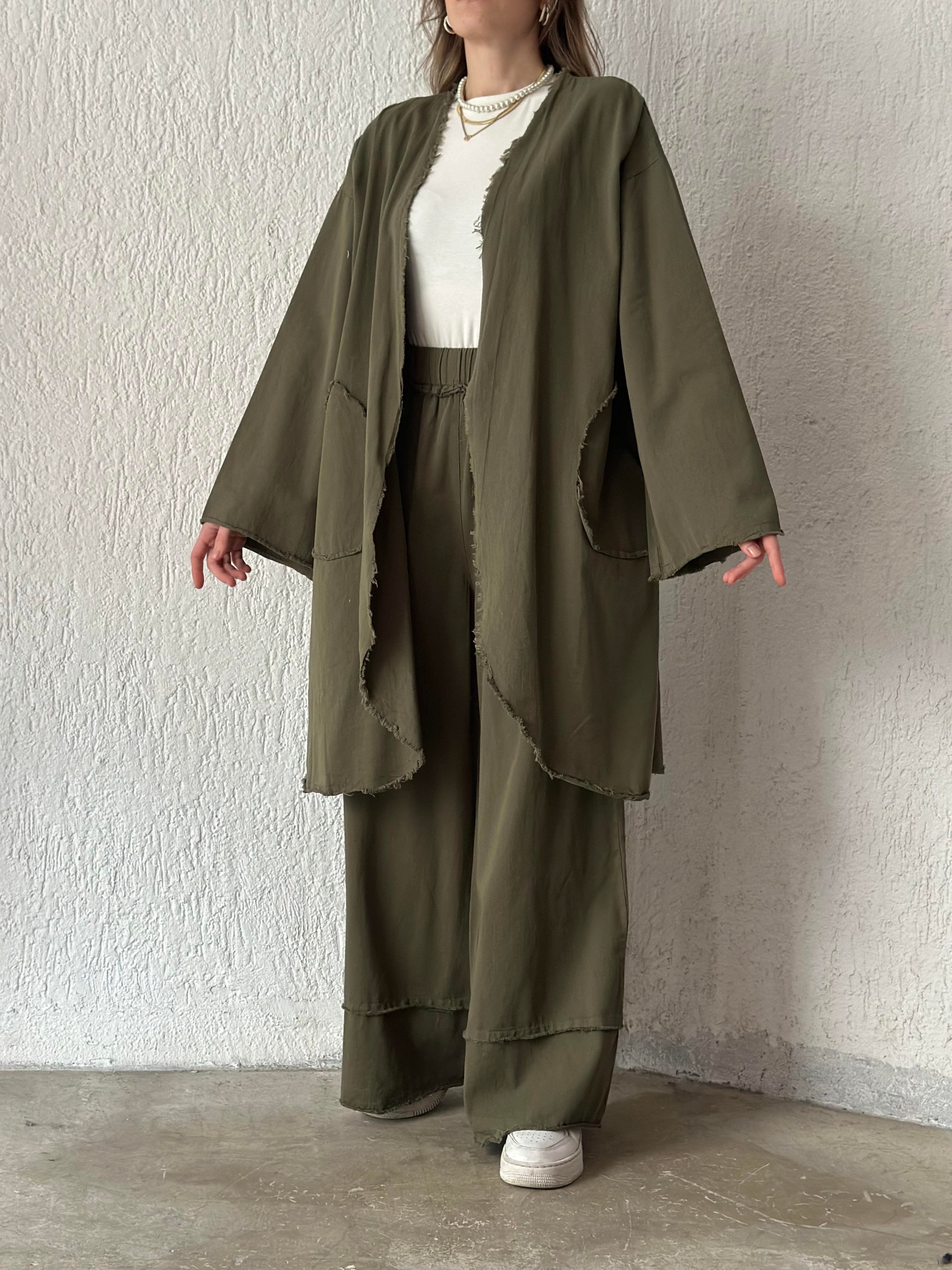 Gabardin Kimono Pantolon İkili Takım - Haki - Dominatrend