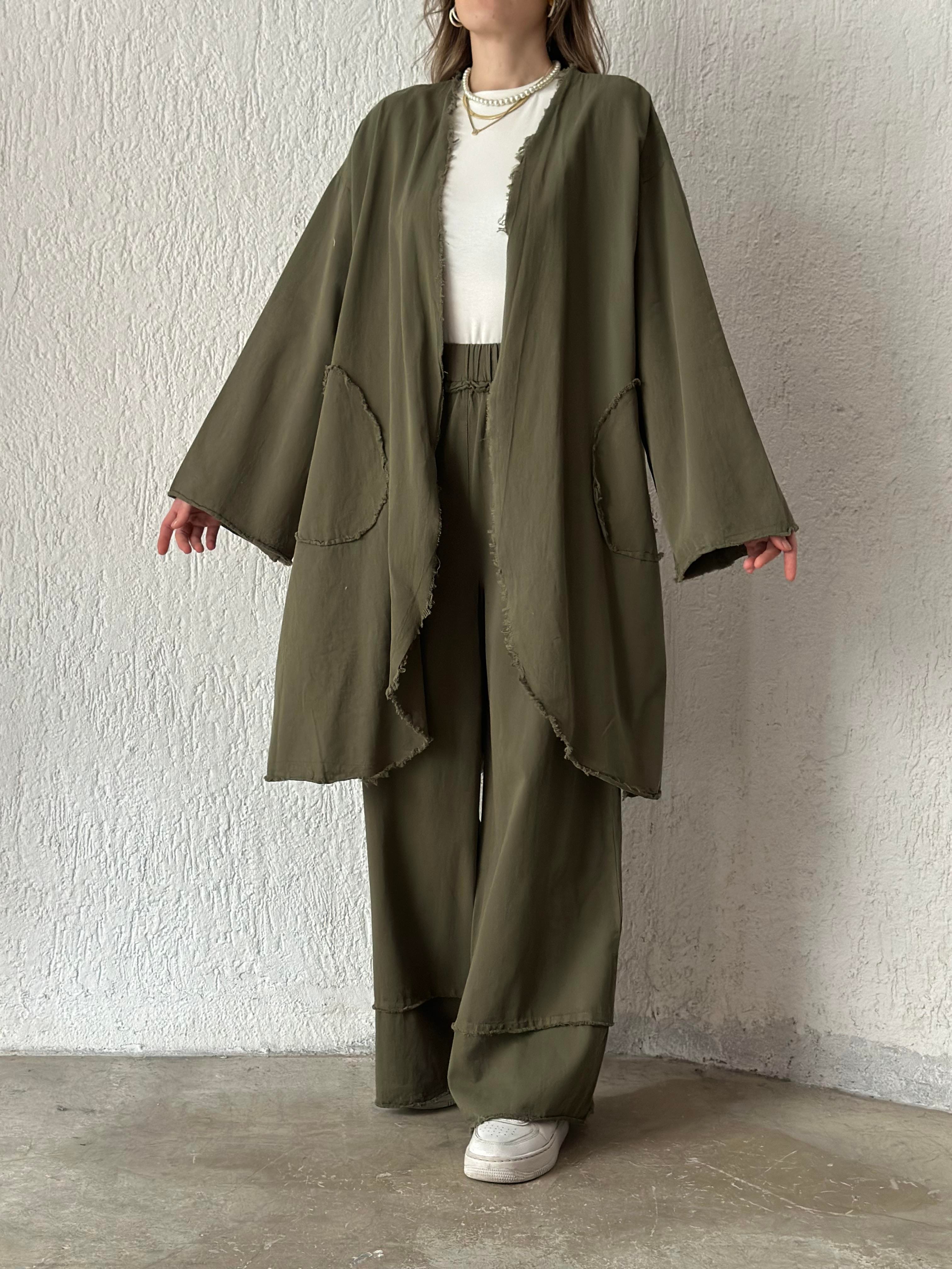 Gabardin Kimono Pantolon İkili Takım - Haki - Dominatrend
