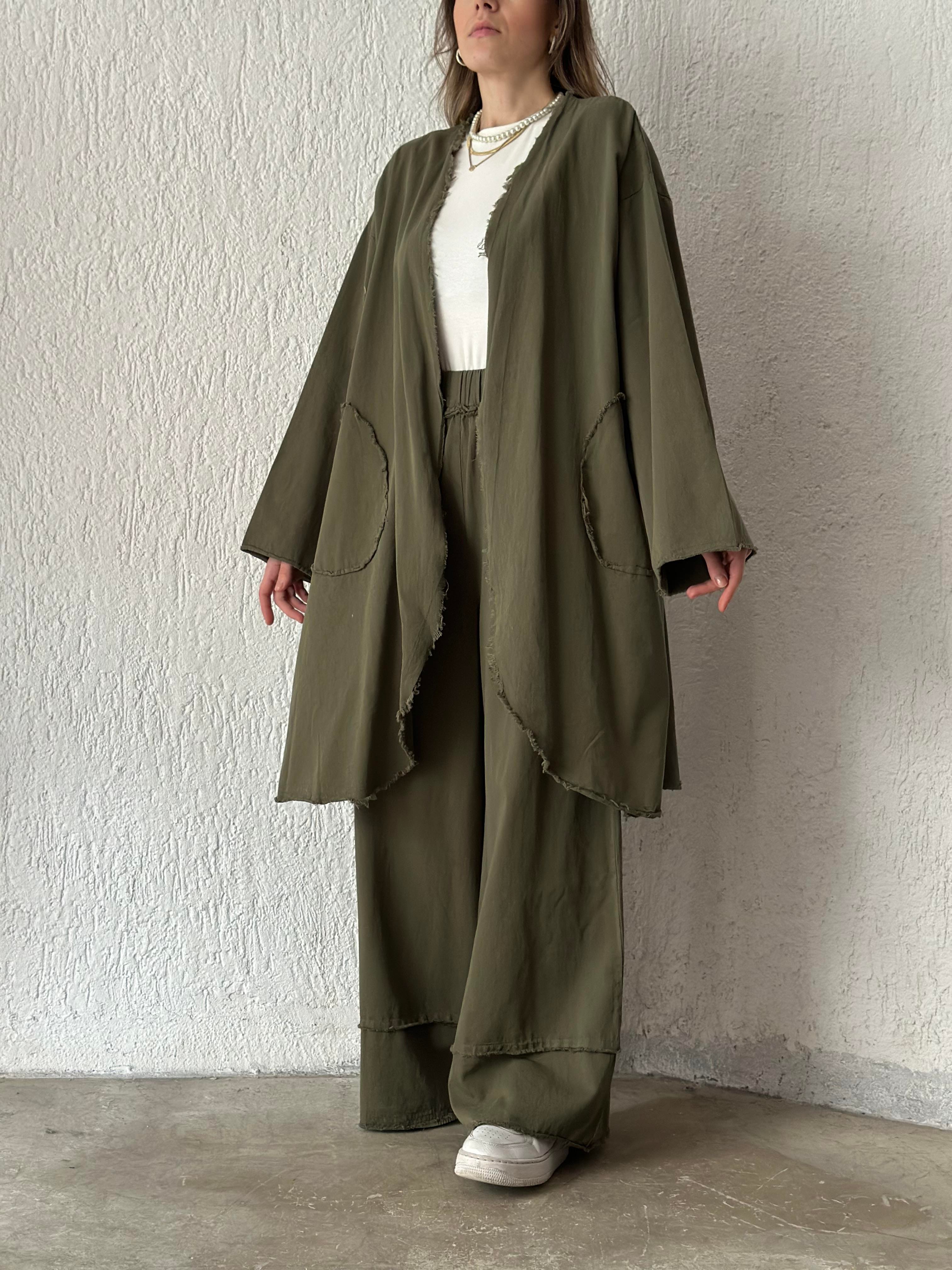 Gabardin Kimono Pantolon İkili Takım - Haki - Dominatrend