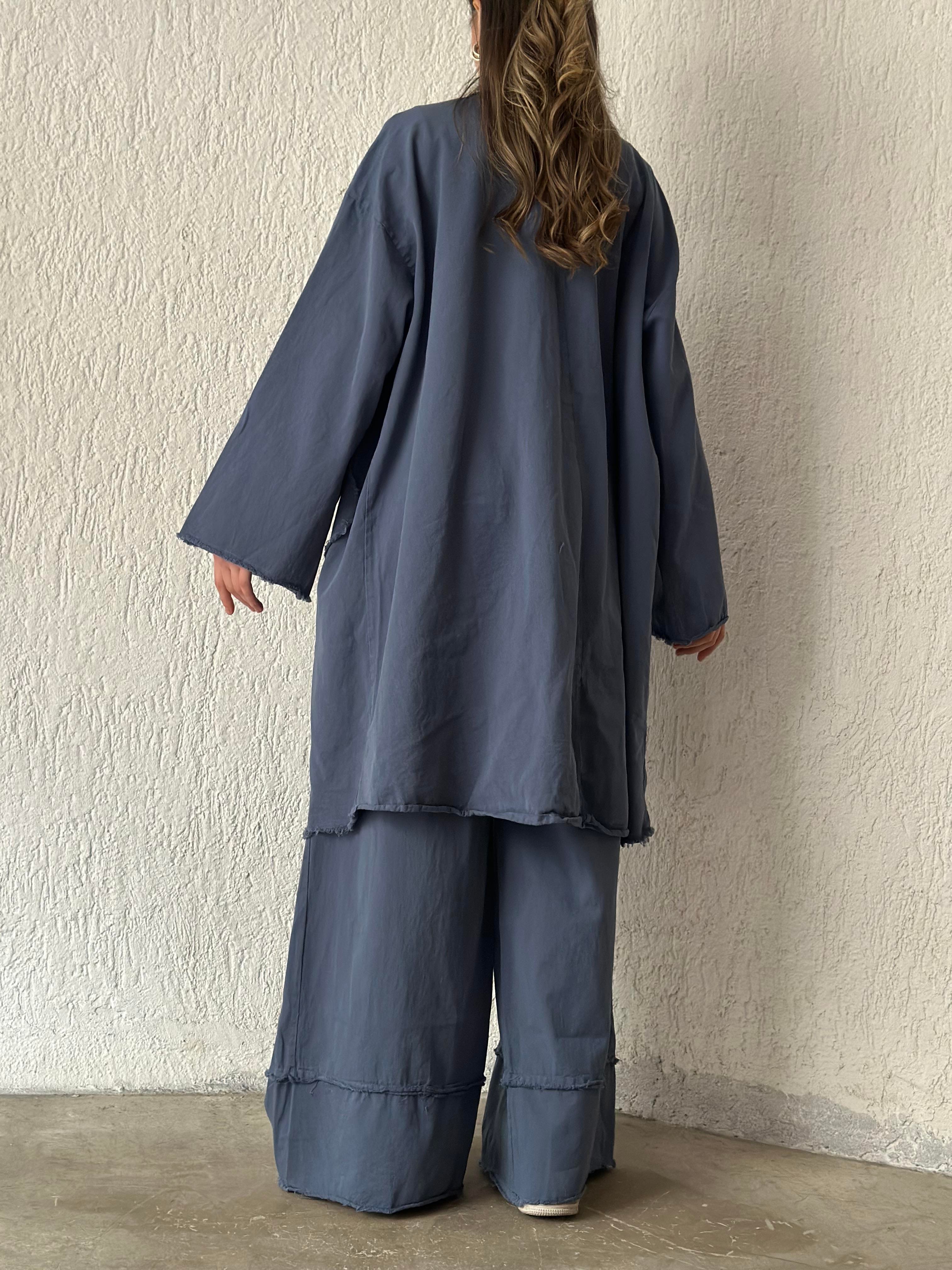 Gabardin Kimono Pantolon İkili Takım - İndigo - Dominatrend