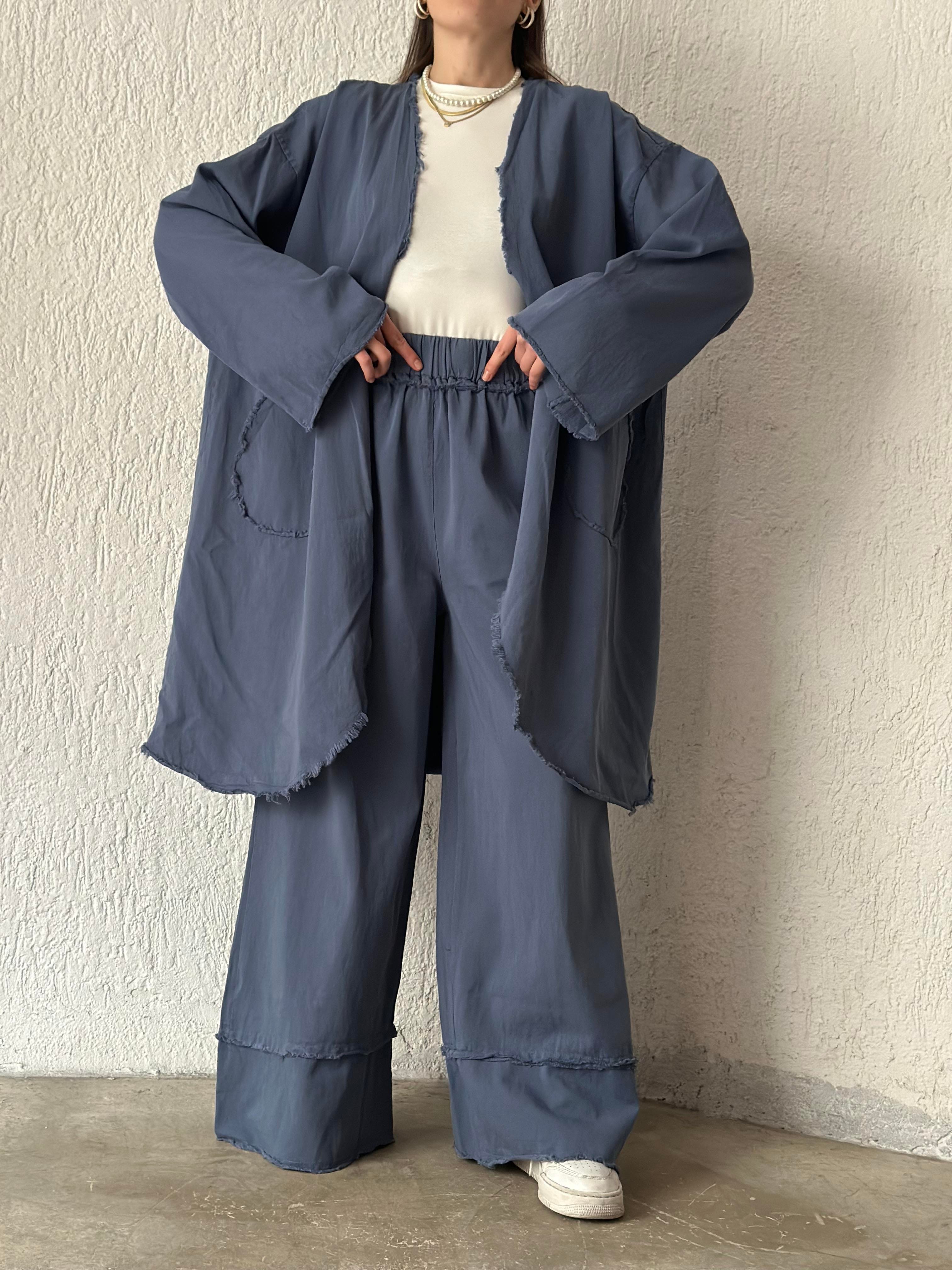Gabardin Kimono Pantolon İkili Takım - İndigo - Dominatrend