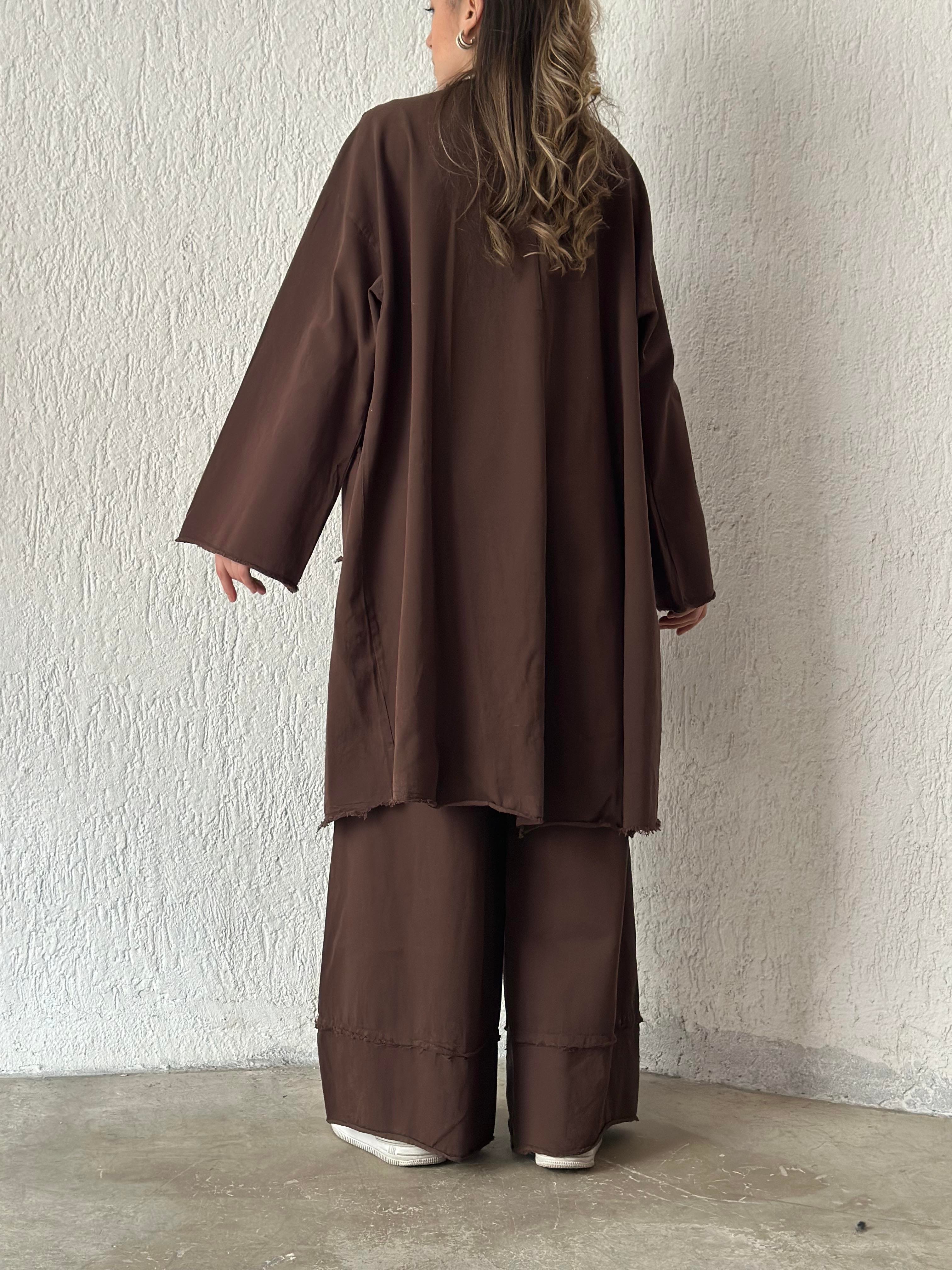 Gabardin Kimono Pantolon İkili Takım - Kahverengi - Dominatrend