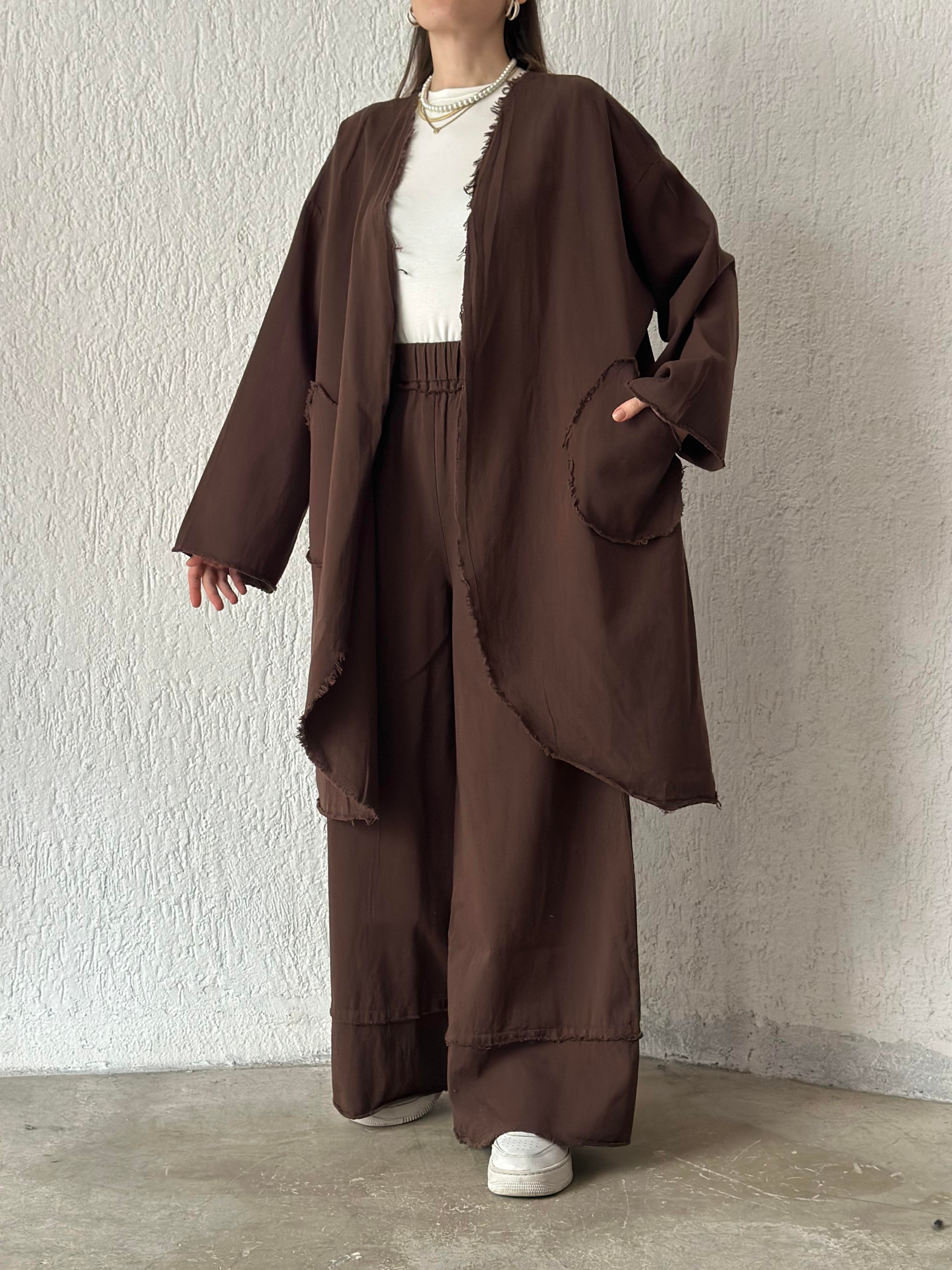 Gabardin Kimono Pantolon İkili Takım - Kahverengi - Dominatrend