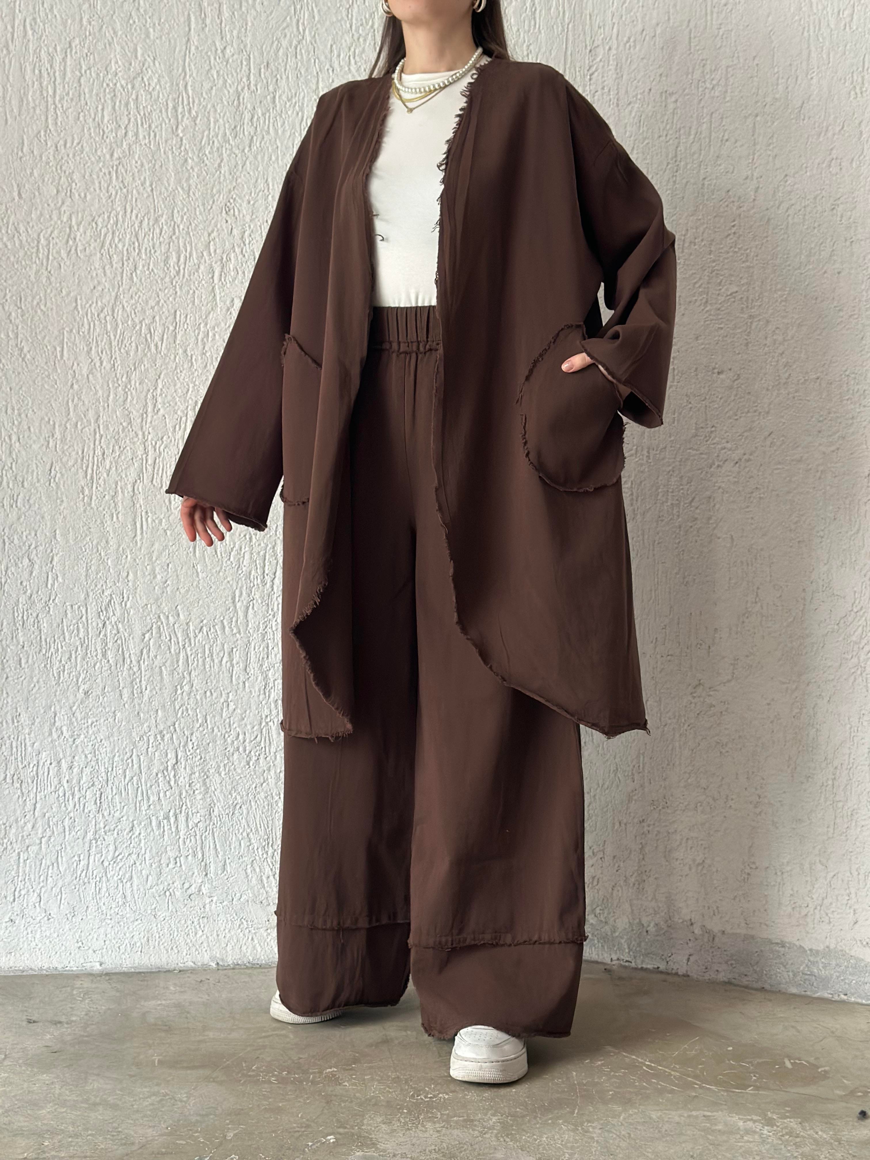 Gabardin Kimono Pantolon İkili Takım - Kahverengi - Dominatrend