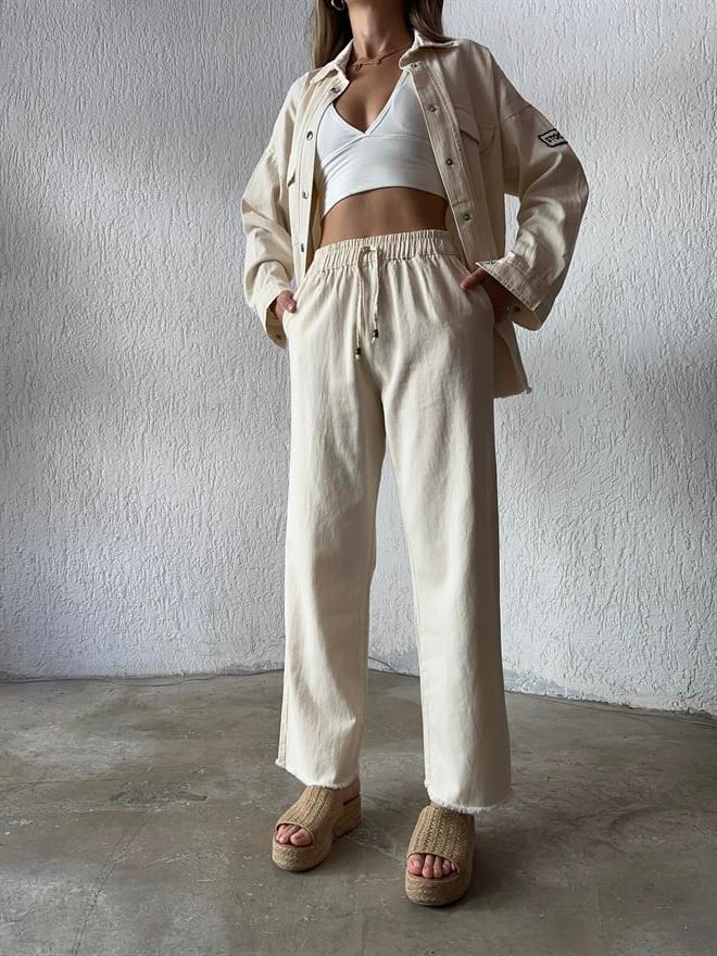 Gabardin Paça Kesik Pantolon - Bej - Dominatrend