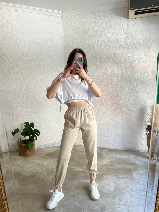 Gabardin Paça Lastikli Pantolon - Bej - Dominatrend