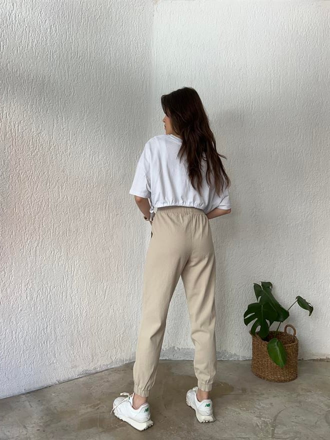 Gabardin Paça Lastikli Pantolon - Bej - Dominatrend