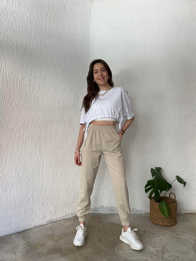 Gabardin Paça Lastikli Pantolon - Bej - Dominatrend