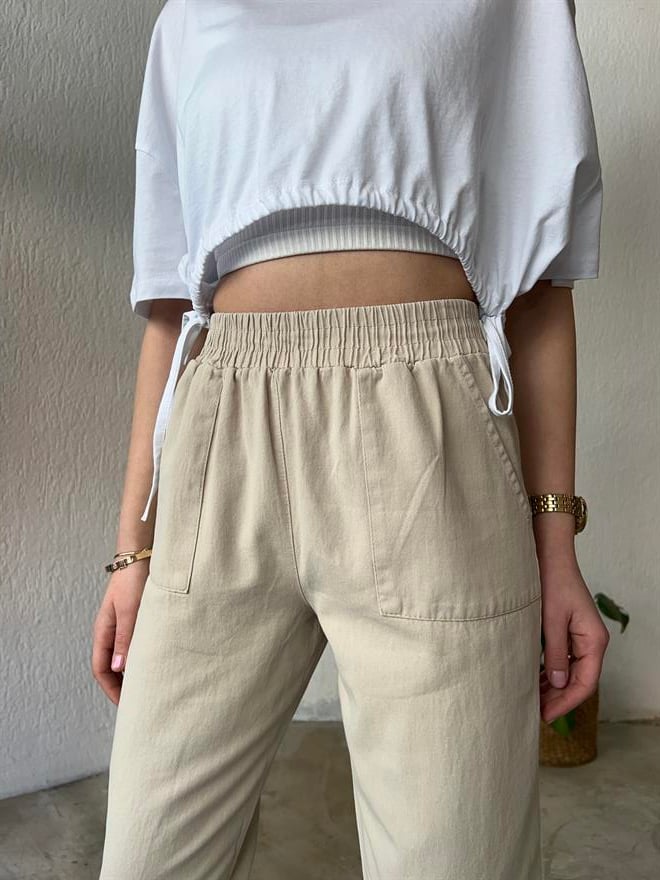 Gabardin Paça Lastikli Pantolon - Bej - Dominatrend