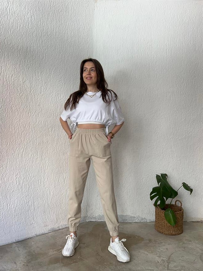 Gabardin Paça Lastikli Pantolon - Bej - Dominatrend
