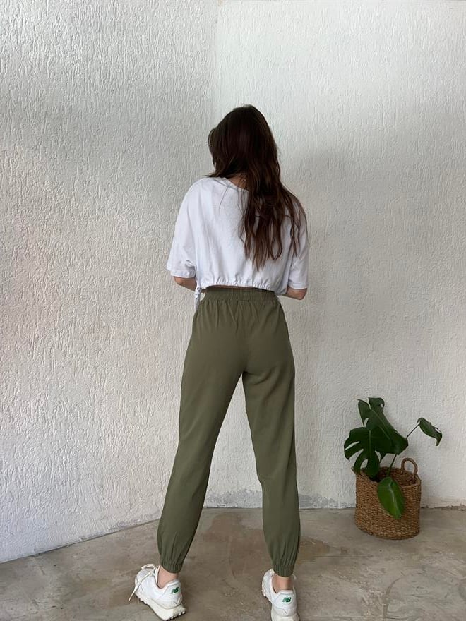 Gabardin Paça Lastikli Pantolon - Haki - Dominatrend