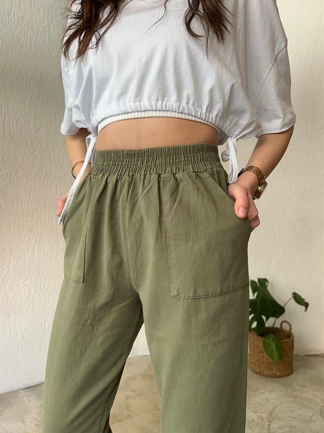 Gabardin Paça Lastikli Pantolon - Haki - Dominatrend