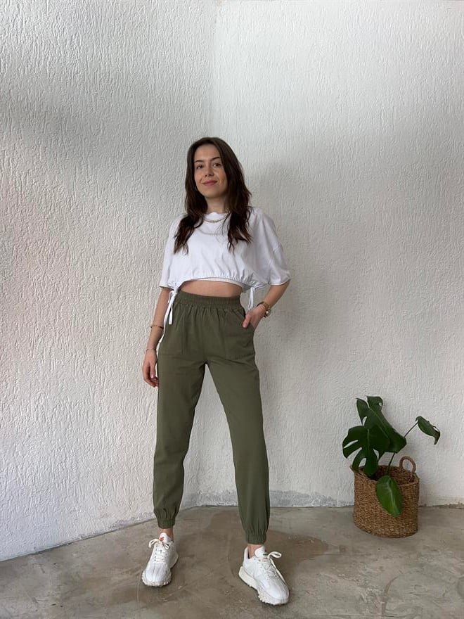 Gabardin Paça Lastikli Pantolon - Haki - Dominatrend