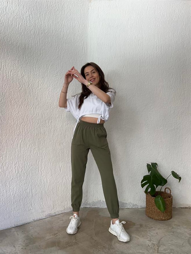 Gabardin Paça Lastikli Pantolon - Haki - Dominatrend