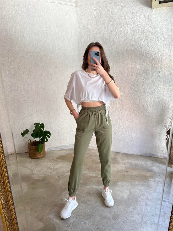 Gabardin Paça Lastikli Pantolon - Haki - Dominatrend