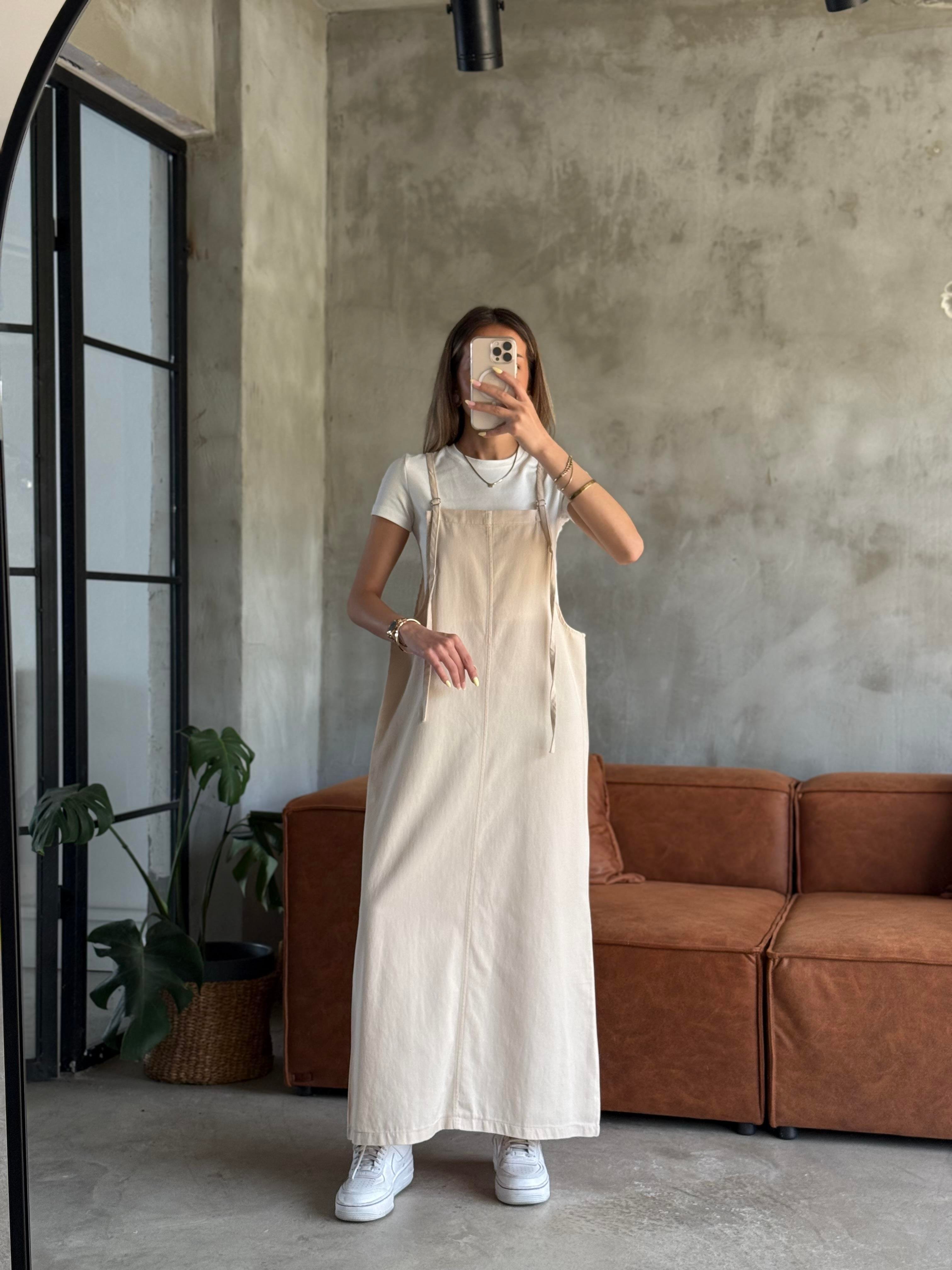 Gabardin Salopet Elbise - Bej - Dominatrend