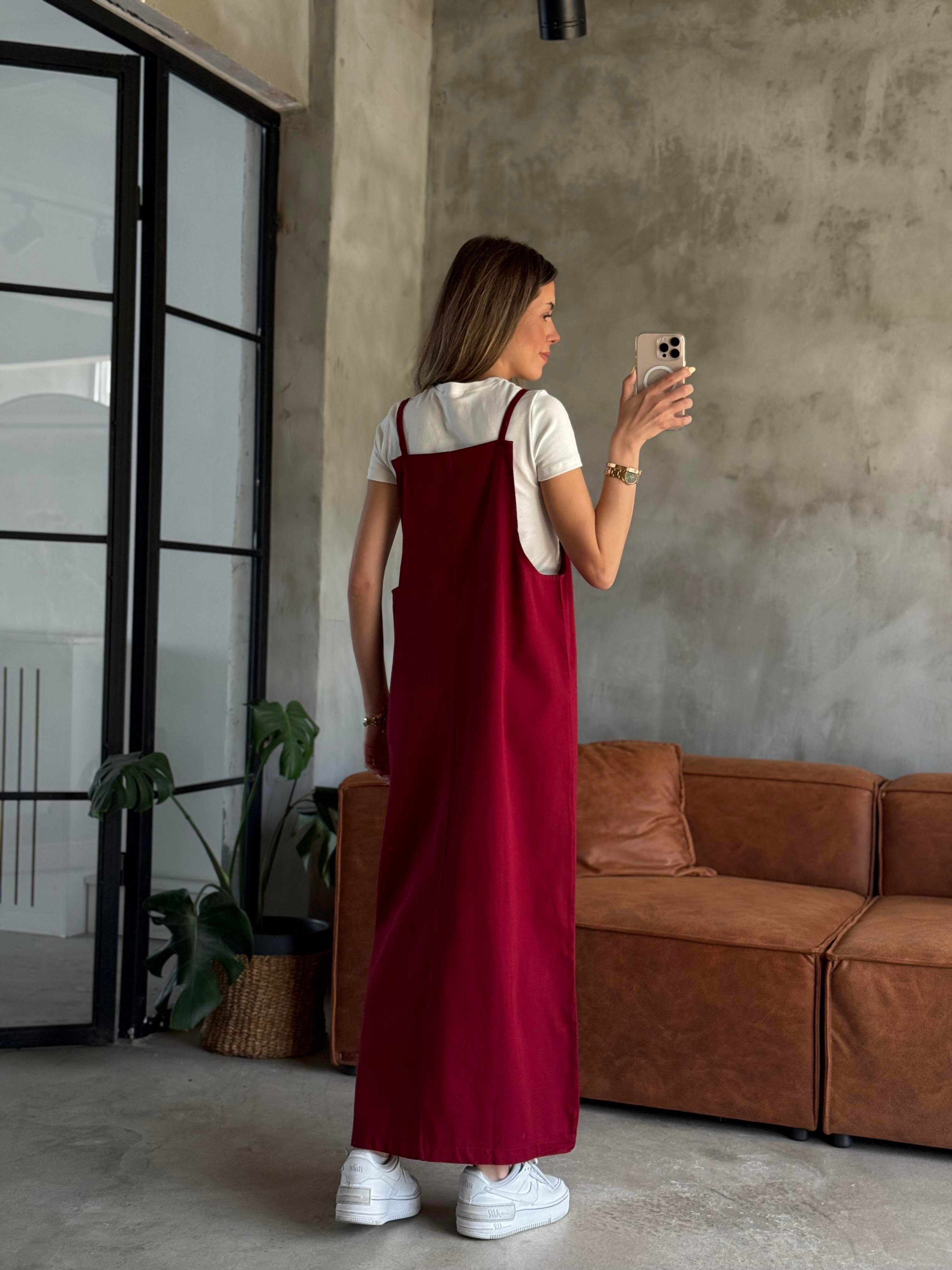 Gabardin Salopet Elbise - Bordo - Dominatrend