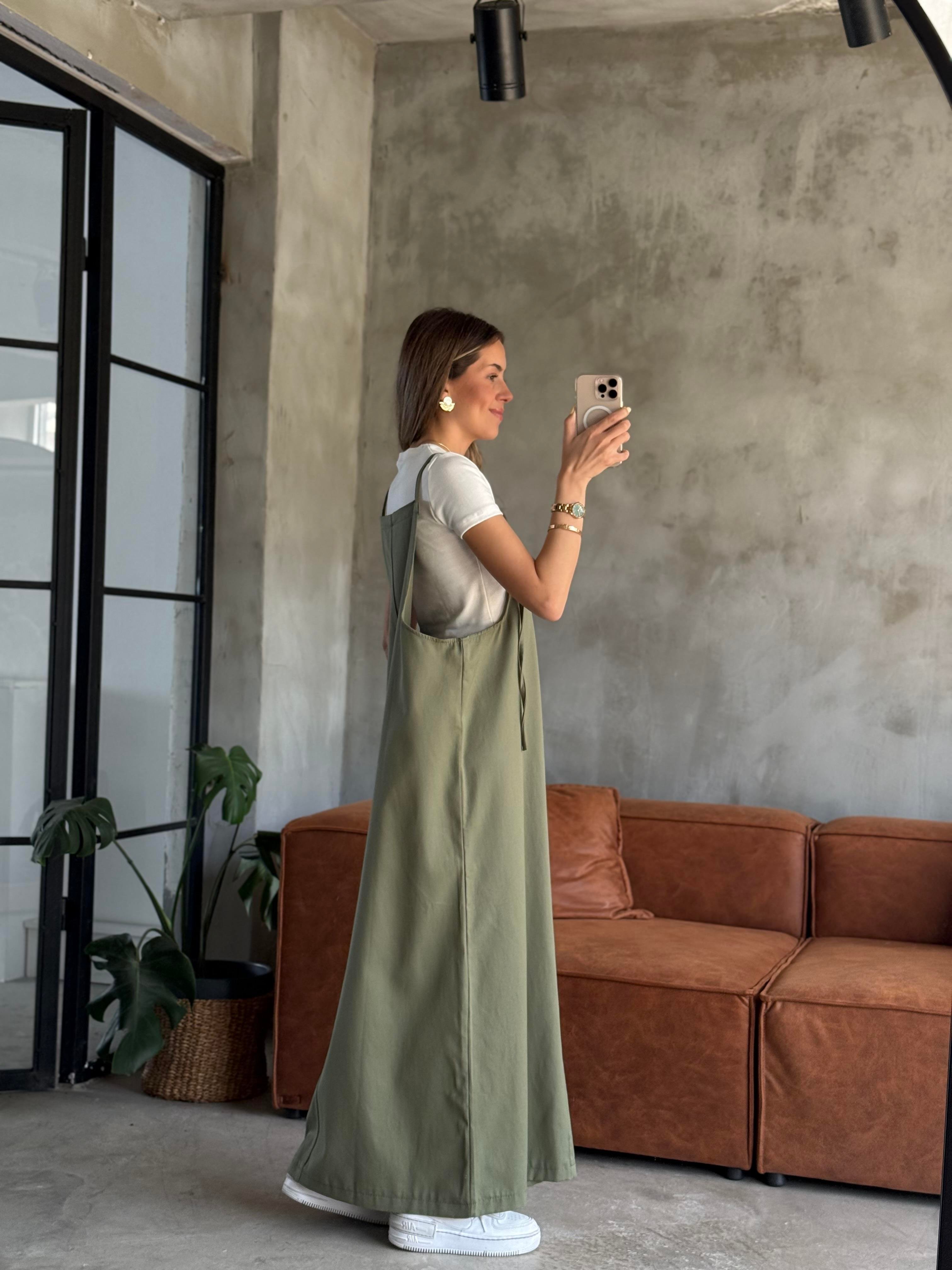 Gabardin Salopet Elbise - Yeşil - Dominatrend
