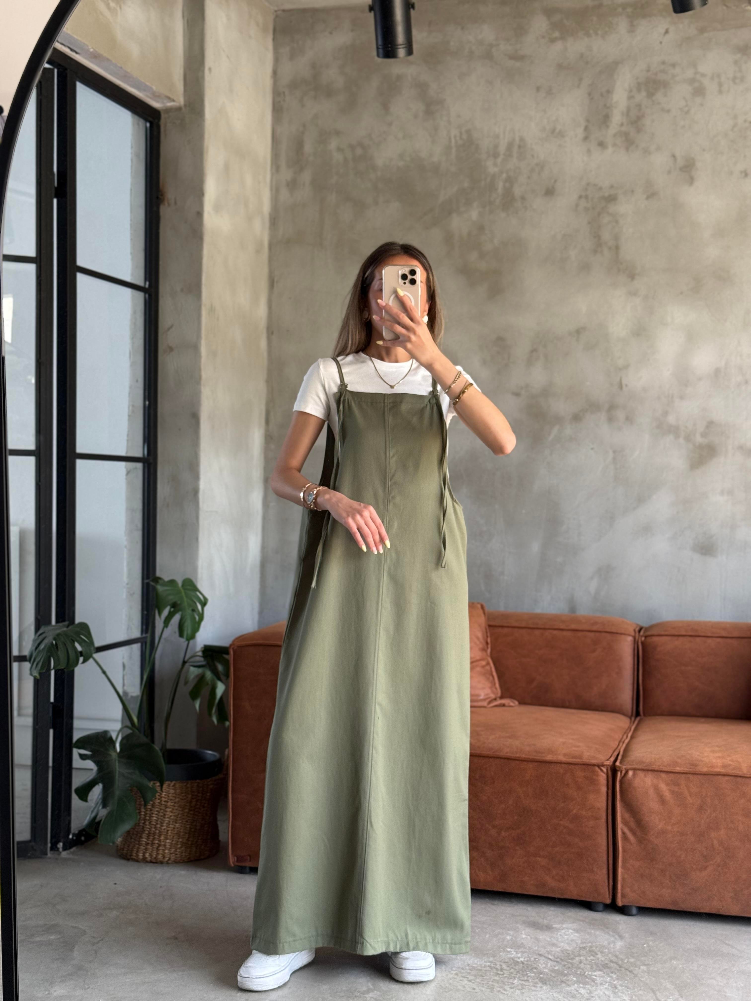 Gabardin Salopet Elbise - Yeşil - Dominatrend