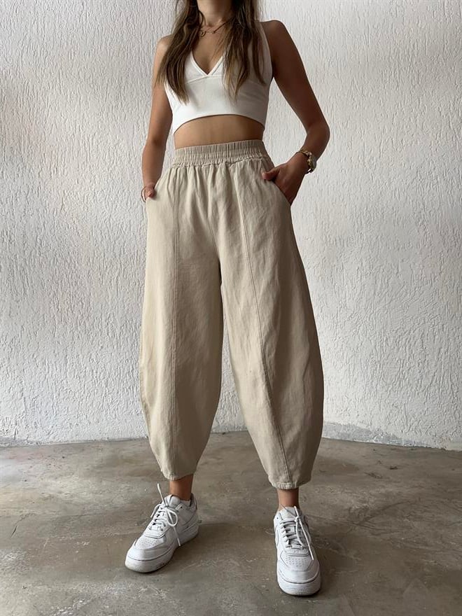 Gabardin Şalvar Pantolon - Bej - Dominatrend