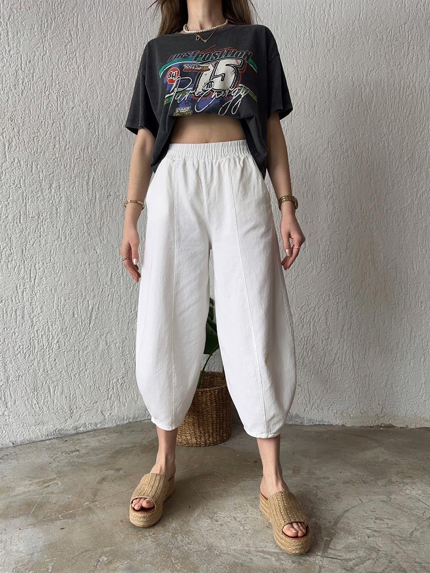 Gabardin Şalvar Pantolon - Beyaz - Dominatrend