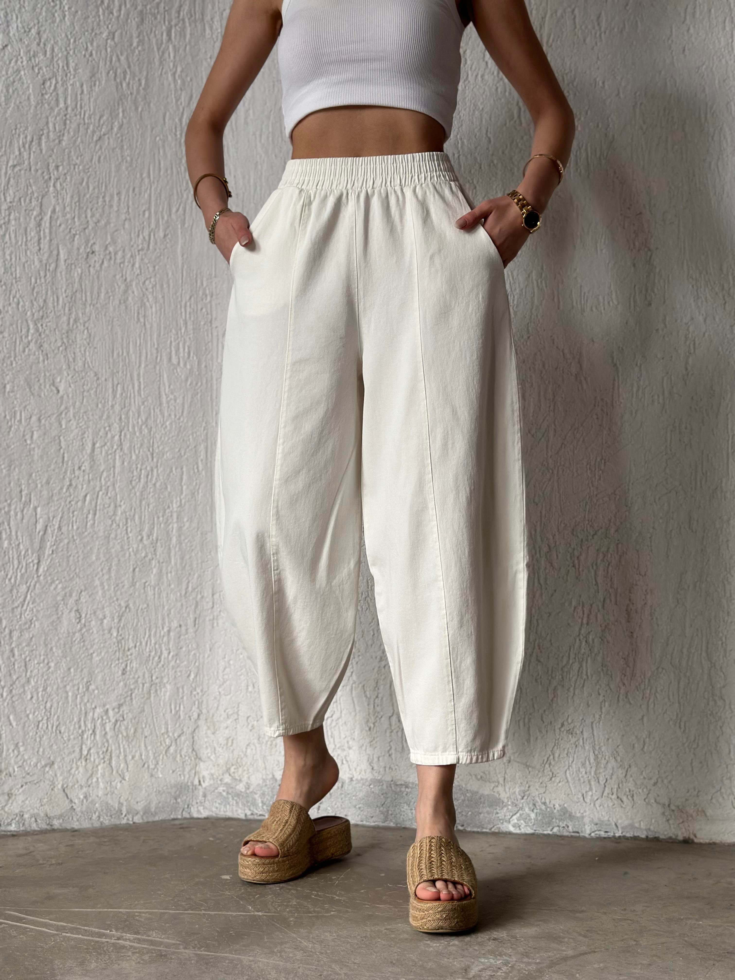 Gabardin Şalvar Pantolon - Beyaz - Dominatrend